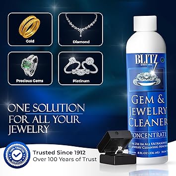 Blitz Gem & Jewelry Cleaner Liquid Concentrate for Gold, Silver, Platinum Jewelry Cleans Non-Porous, Precious & Semi-Precious Stones. Non-Toxic, Non-Abrasive, Planet Friendly Made in USA 8oz