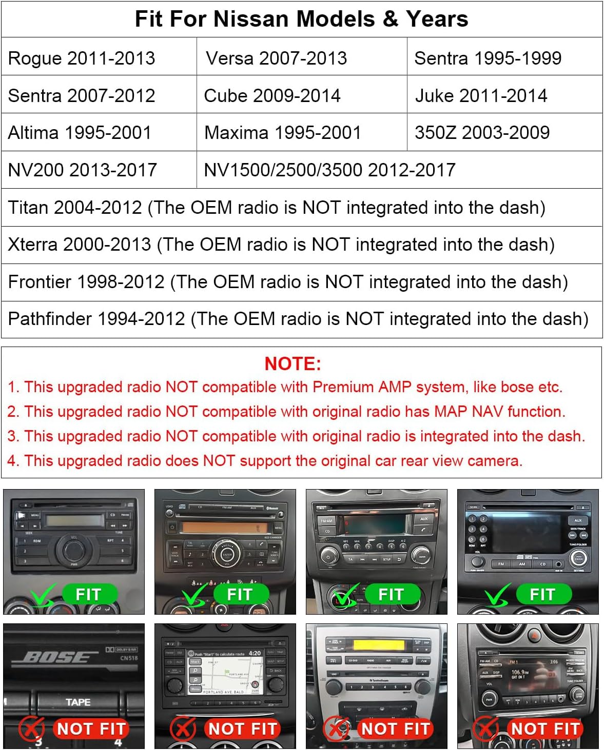 Plug & Play Carplay Car Radio Stereo for Nissan Rogue 2011-2013/Versa 2007-2013/Sentra 2007-2012/Frontier 1998-2008/Cube 2009-2014 w/Touchscreen/Android Auto/Touch Screen/Bluetooth/AM/FM/Backup Cam