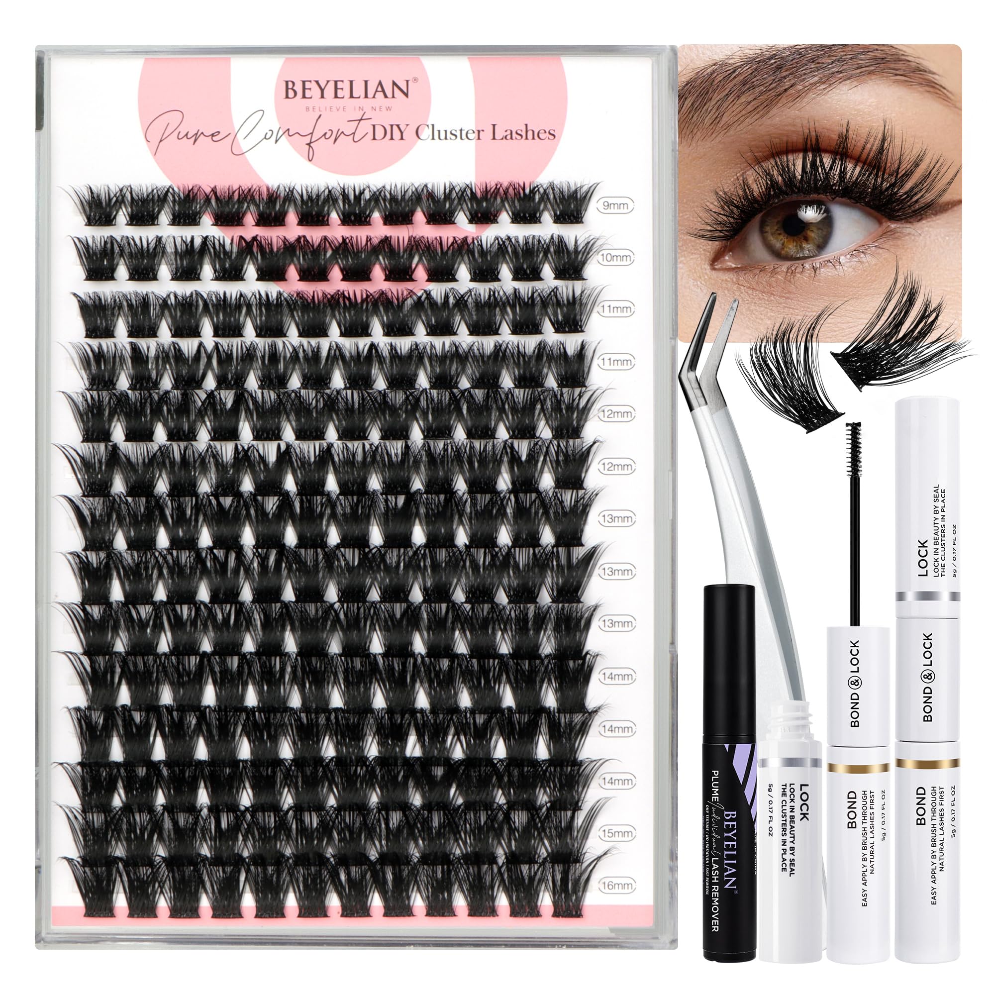 BEYELIAN Lash Extension Kit Lash Extension Clusters 168 Pcs D Curl Lash Clusters Thick Cluster Lashes Extensions Super Thin Band & Soft Lashes Reusable 9-16mm MIX (56D)