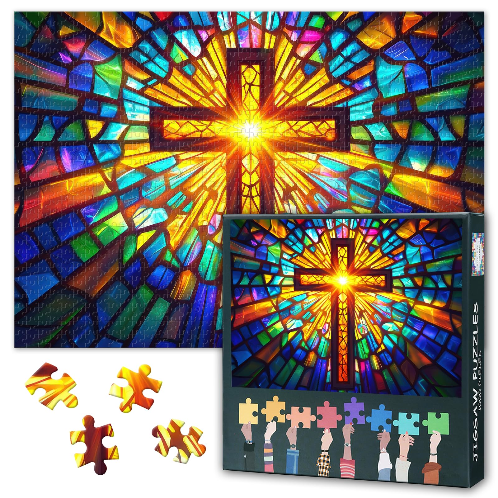 1000 Piece Jigsaw Puzzle for Adults Stained Glass Window Art Radiant Cross Design Inspirational Faith Based Puzzle Uplifting Spiritual Activity 27.5x19.7 Inch — image 1