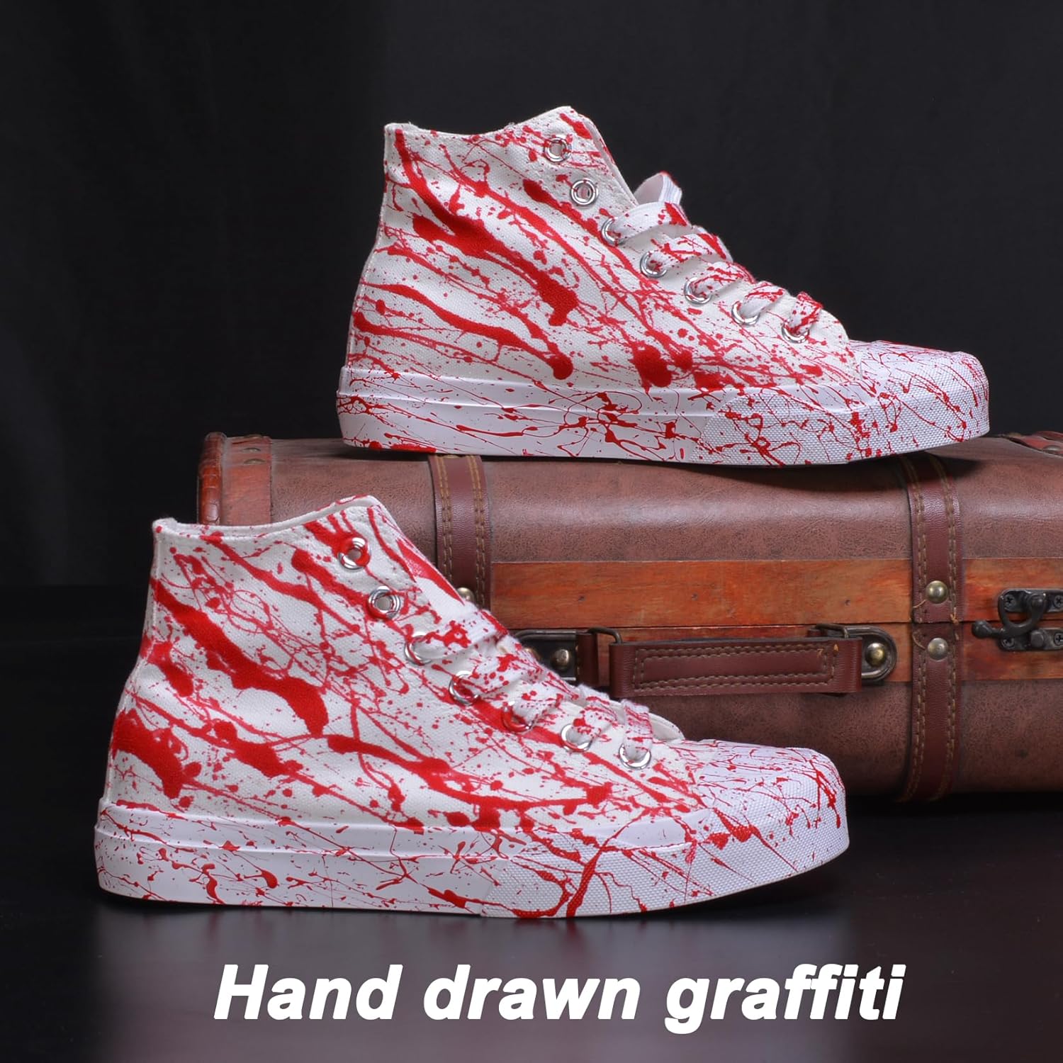 Unisex Horror Bloody Splatter Sneakers for Men & Women Lace Up Classic High Top Casual Walking Shoes Red - Image 4