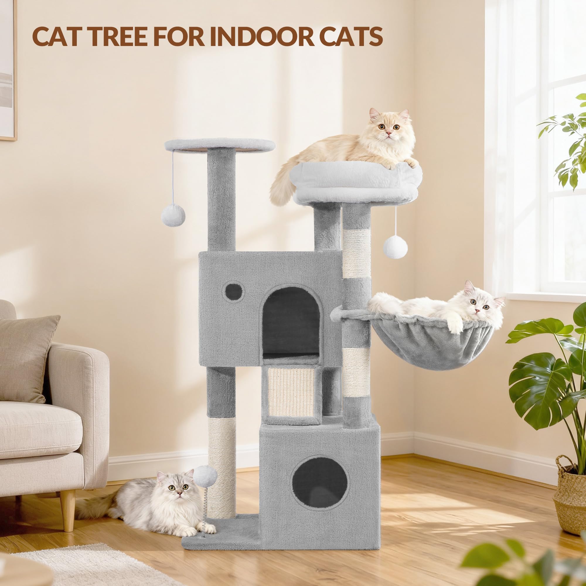 Kratzbaum für Indoor-Katzen, 108 cm, mehrstufiger Katzenkletterturm mit 2 Höhlen, Hängematte, Sisal-Kratzbäume & Brett, interaktives Spielzeug, abnehmbares Kissen, Hellgrau, 50 x 40 x 108 cm