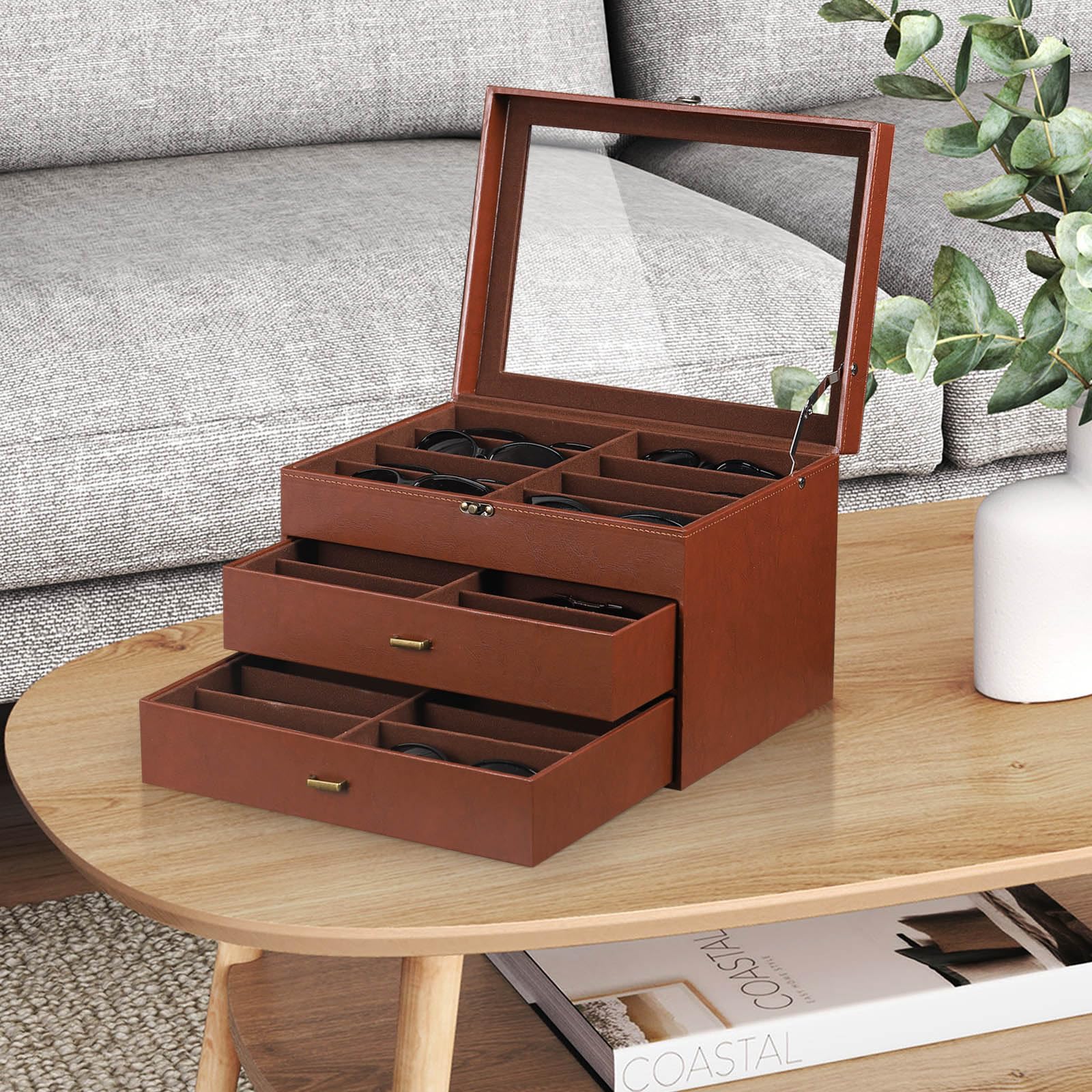 AUTOARK Aufbewahrungsbox für Brillen und Sonnenbrillen,aus Leder und Samt,transparenter Deckel,verschließbar,24 Stück,Kaffee,MKAW045