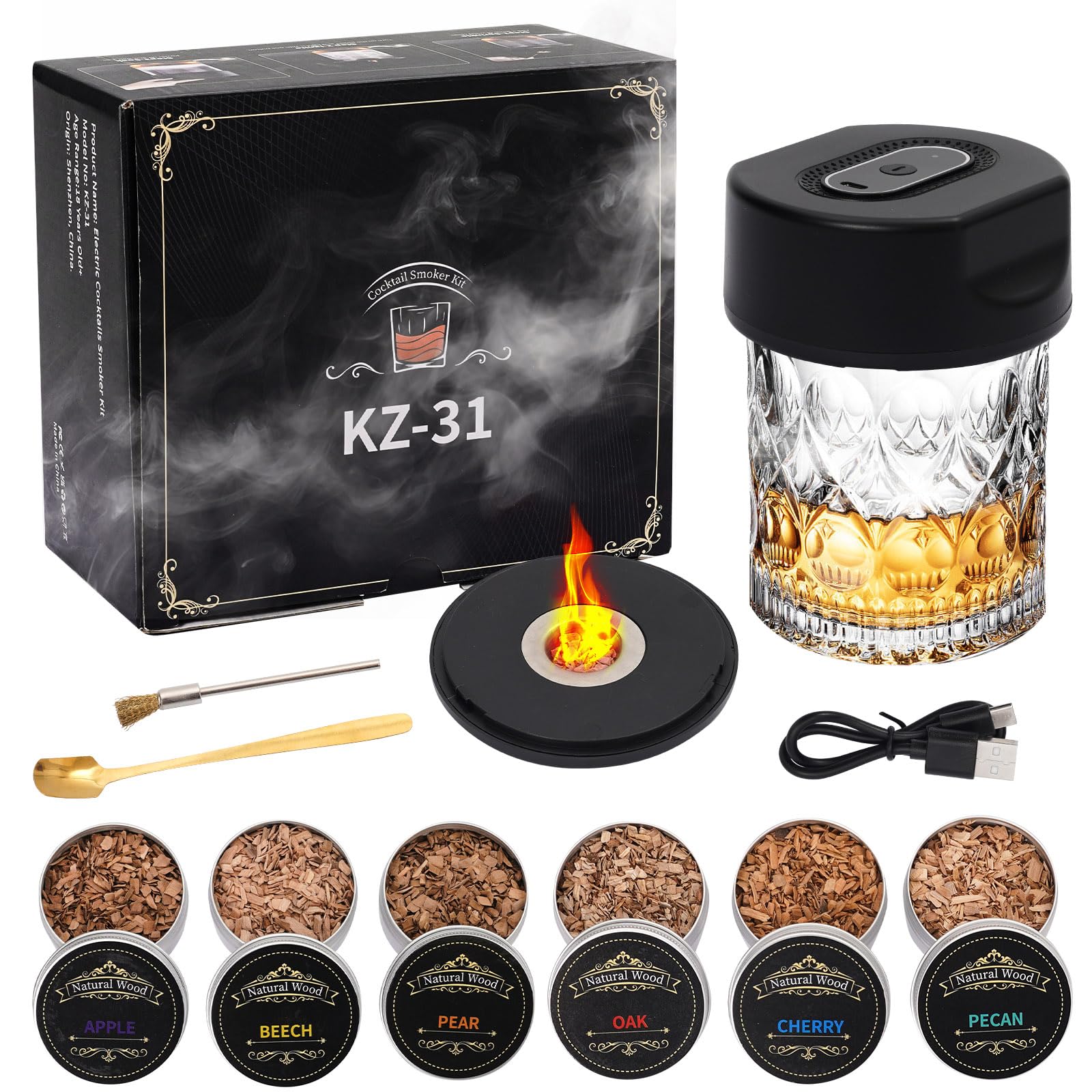 Kit Fumoir Whisky Électrique avec 6 Arômes de Copeaux de Bois, Fumoirs Boissons à l'ancienne, Kit de Fumoir pour Whisky pour Bourbon Cocktails, Cadeau pour Père, Anniversaire, Amateur de Cocktail