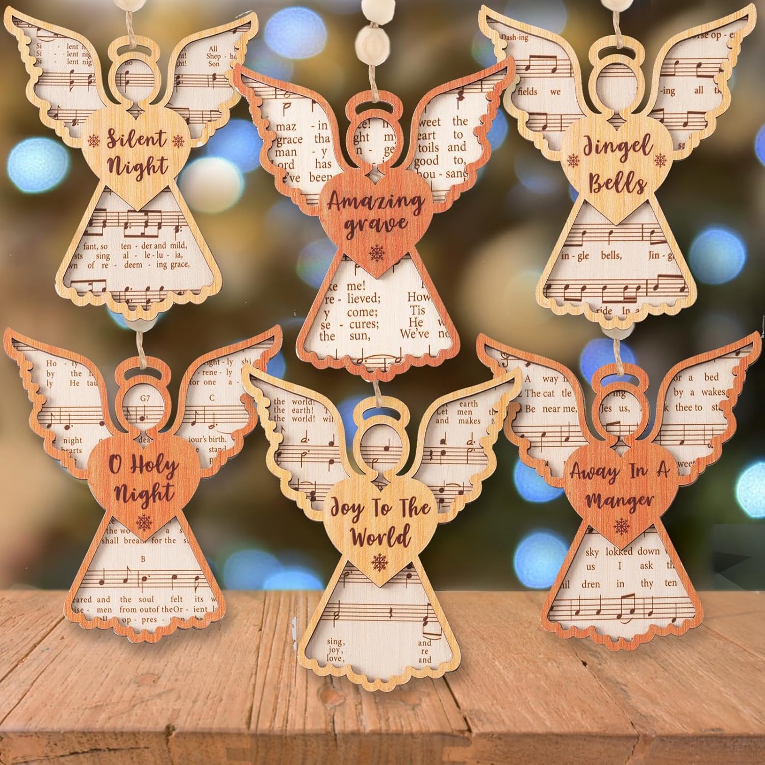 6Pcs Christmas Tree Decorations Angel Music Sheet Ornaments Set Wooden Music Instrumental Angel-Shaped Decorative Hanging Pendants for Xmas Tree Holiday Winter Home Decor Xmas Gift Ideal