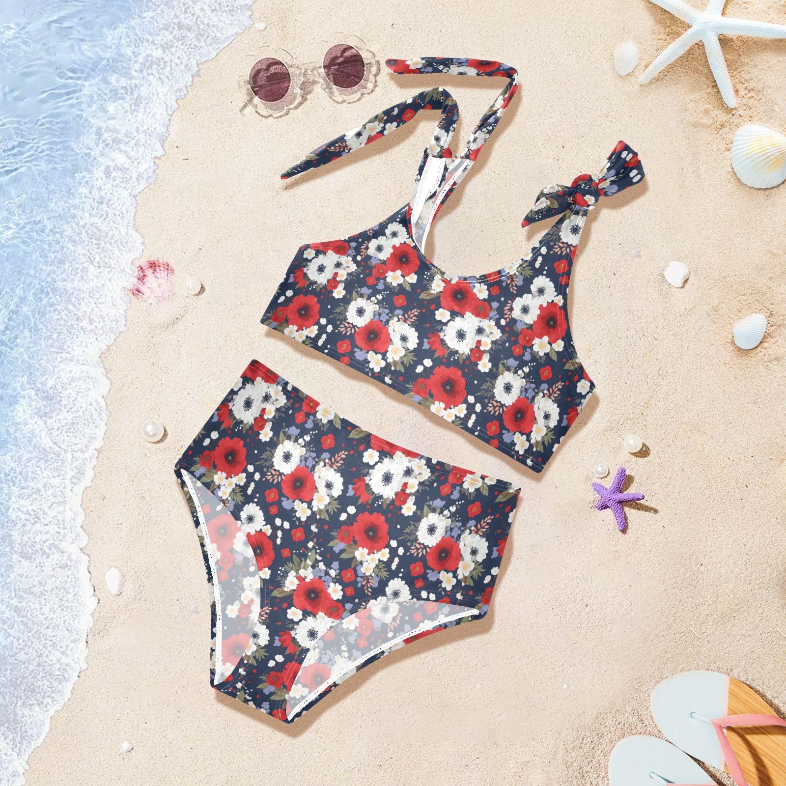 Flower Pattern Girls Two Piece Tankini Swimsuits Summer Bathing Suit Beach Swimwear Set, 4T Multicoloured