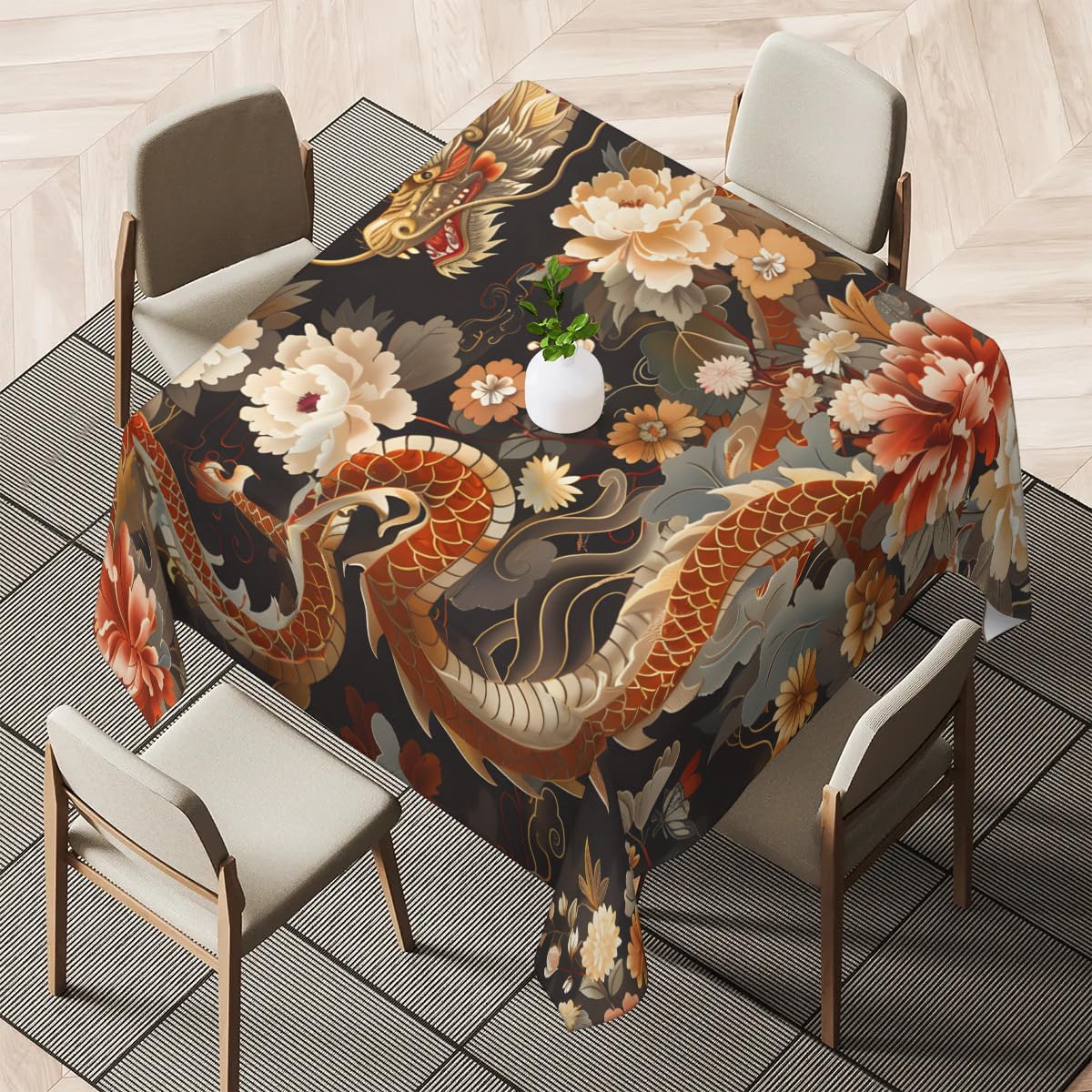 Chinese Style Dragons Square Tablecloth 36" x 36" Wipeable Table Cloth Waterproof Table Cover Stain-Resistant Washable Fabric Asia Art Tablecloths for