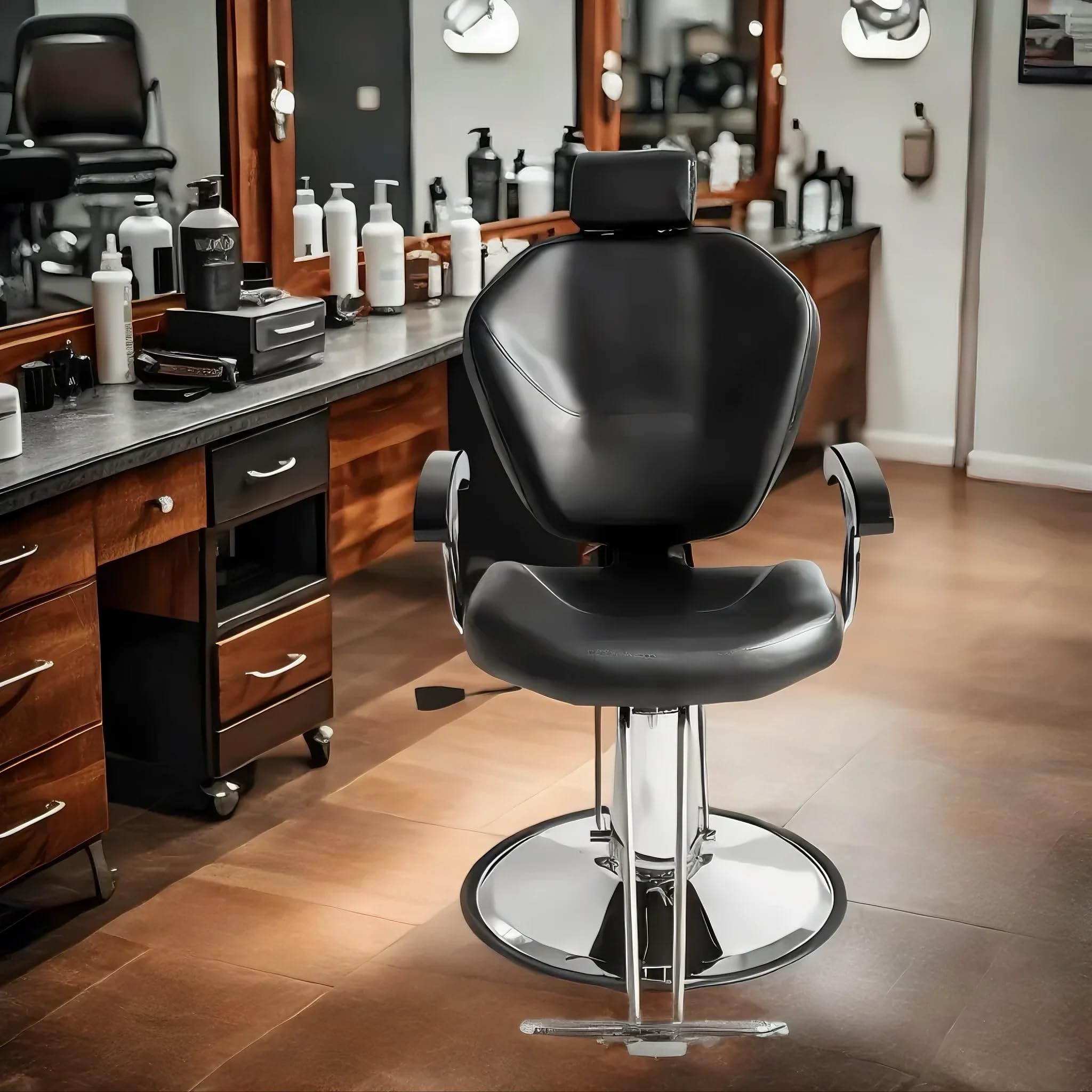 Sedia da Parrucchiere, Sedia da Barbiere Reclinabile Idraulica In Pelle PU a 360° Con Poggiapiedi Cromato per Salone Professionale E Casa, 90 x 65 x 100 cm, Nero