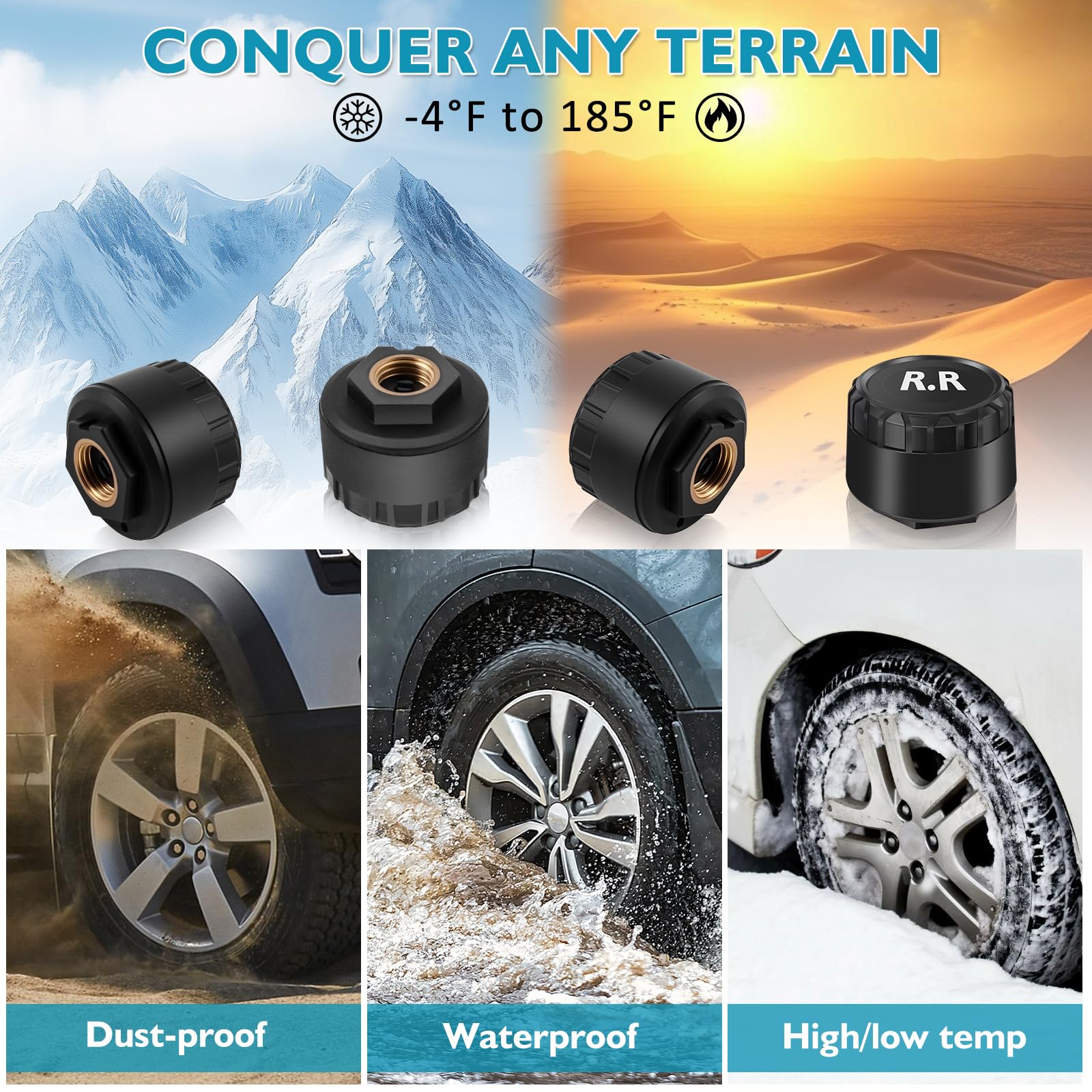 KAOLALI TPMS Sistema di monitoraggio della pressione degli pneumatici, visualizzazione dell'ora e della temperatura TPMS, ricarica solare e funzione di ricarica USB, con 4 sensori esterni di pressione
