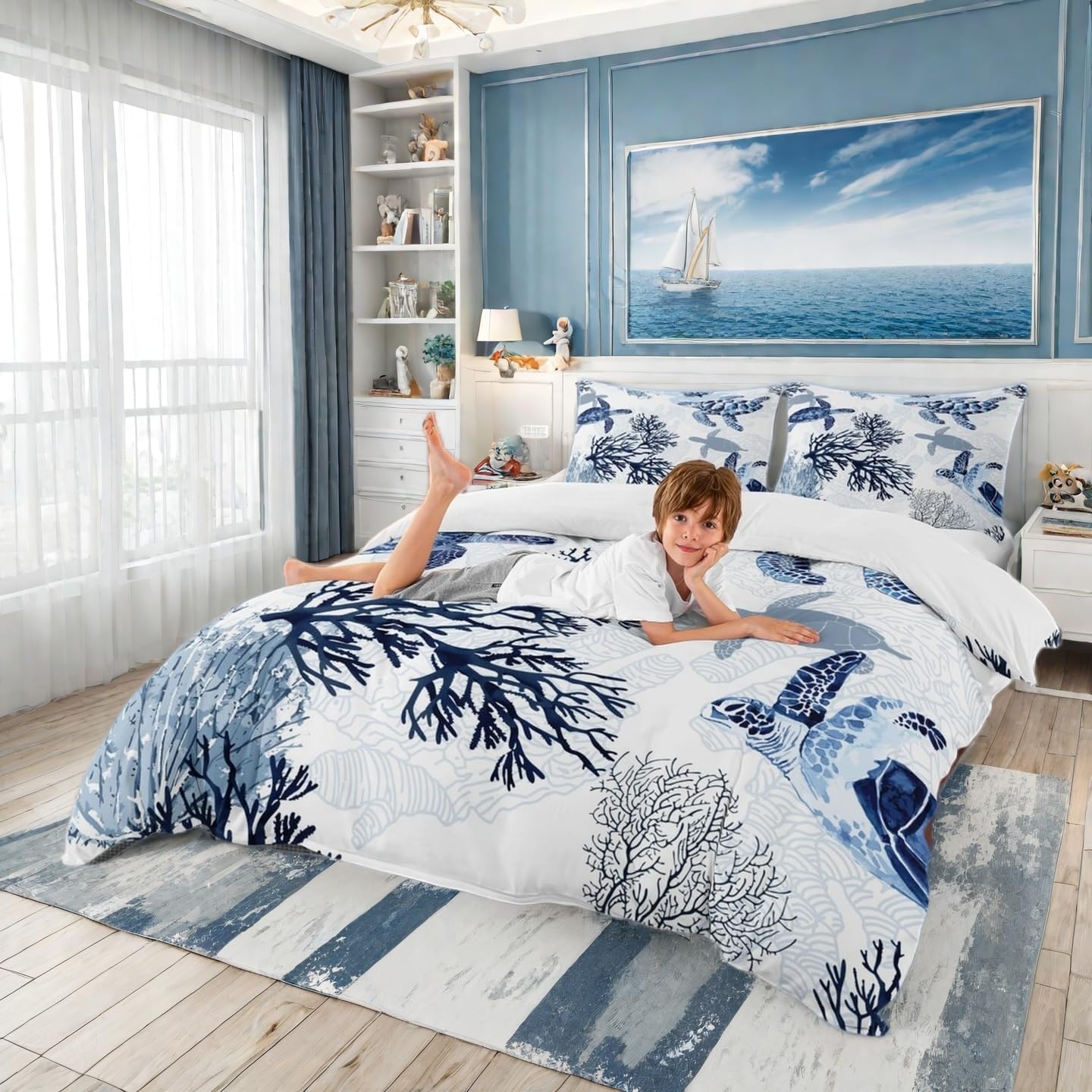 Turtle Bedding Set Queen Nautical Coastal Bedding,White Blue Sea Turtle Comforter Cover for Kids Boys Girls,Reptile Tortoise Duvet Cover Ocean Beach Theme Quilt Cover Kawaii Sea Animal Bedspread Cover