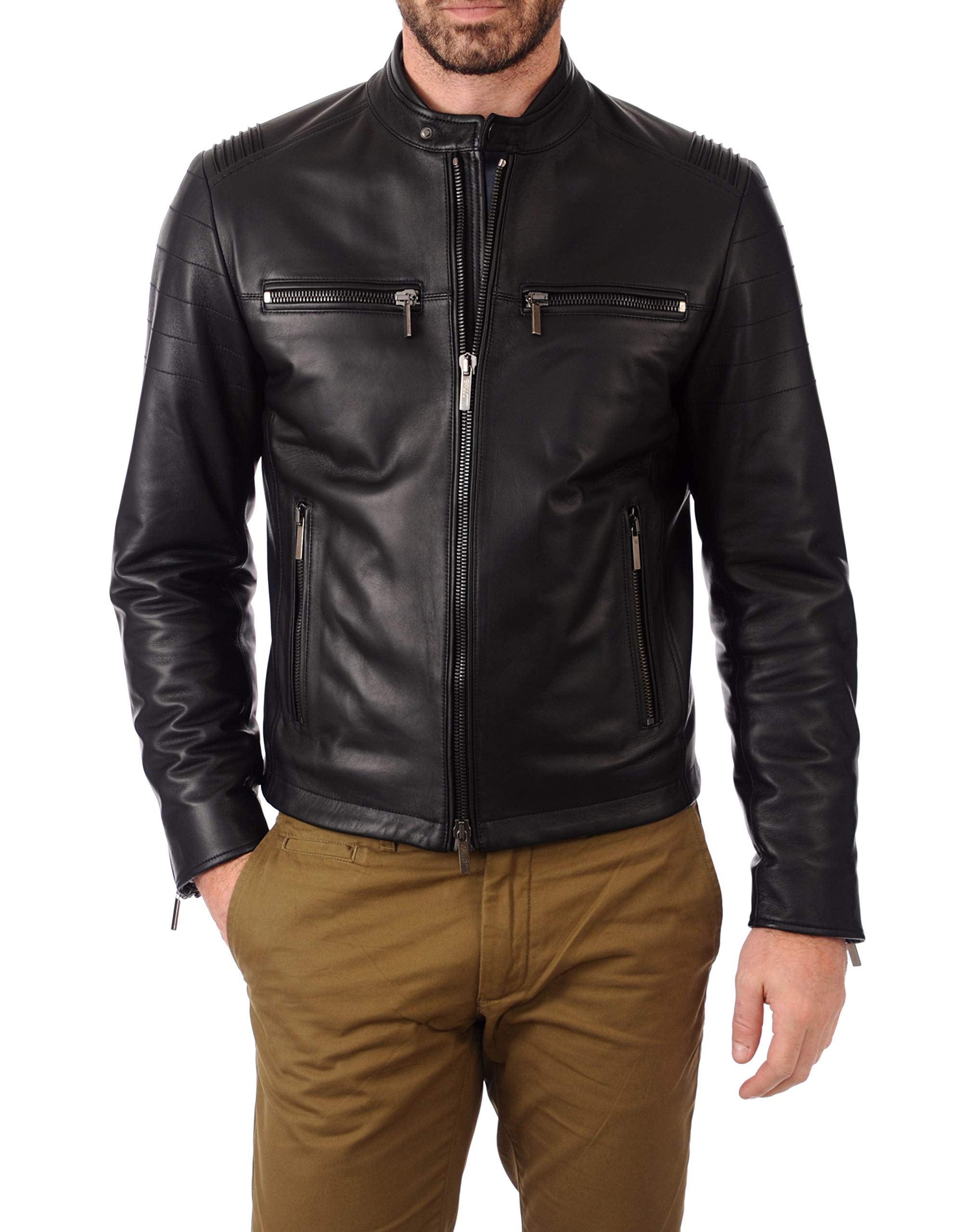 Azrah 100% Leather Jacket for Men - Round Collar Slim Fit - Moto, Bomber, Biker Winter Wear