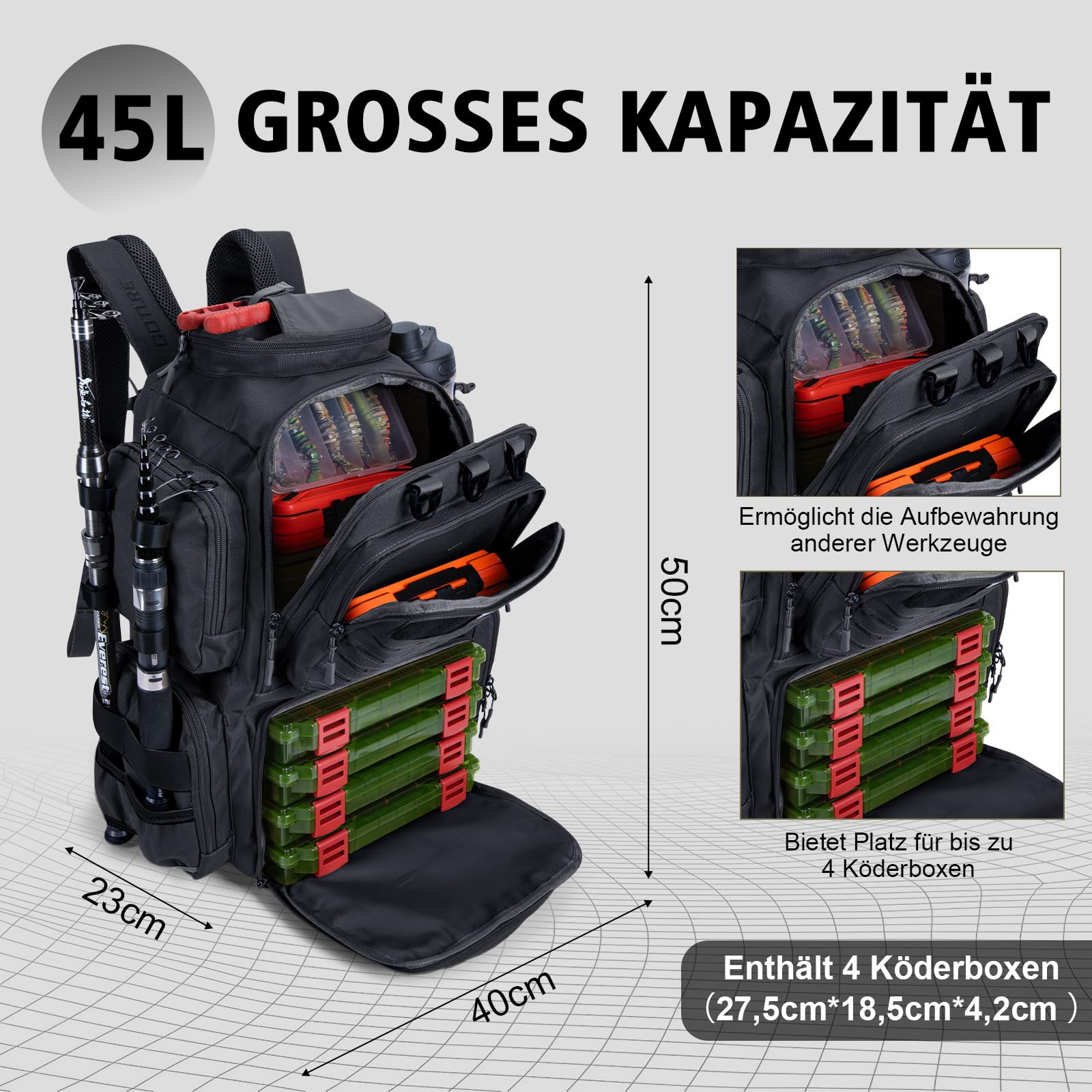 Goture Angelrucksack mit 4 Köderbox Angeln, 45-Liter Angelzubehör-Rucksack mit Zwei Rutenhaltern und Regenschutz, 900D Oxford-Gewebe Wasserabweisende Angelgerätetasche mit verstellbarem Fach