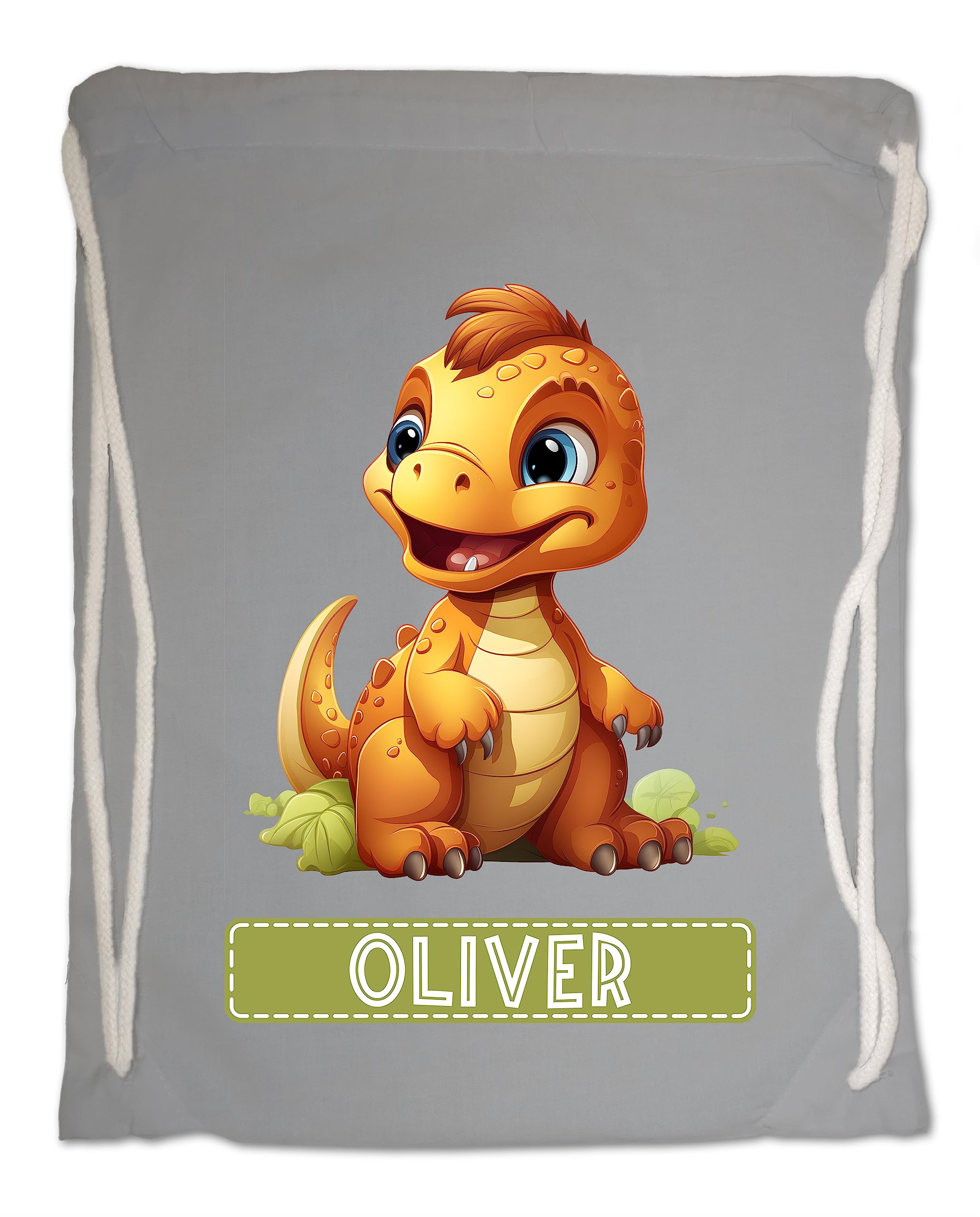 Kids Gym Bag. Personalised Any Name Cute Baby Dinosaur Swimming PE School Travel Drawstring Bag (Graphite Grey)