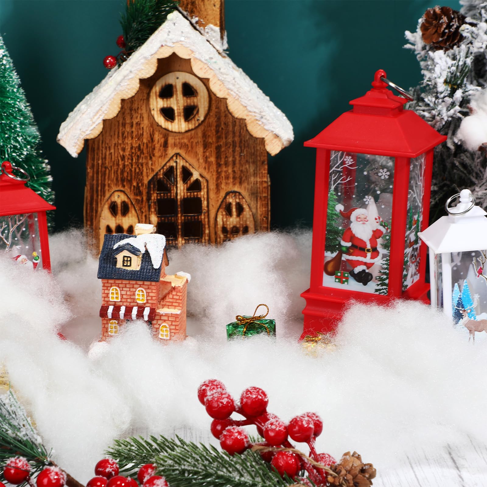 Gejoy Lot de 12 décorations de Noël en fausse neige, y compris 8 fibres de neige artificielles moelleuses, 4 pièces de 88,9 x 20,3 cm, fausse couverture de neige, décoration de village pour décoration