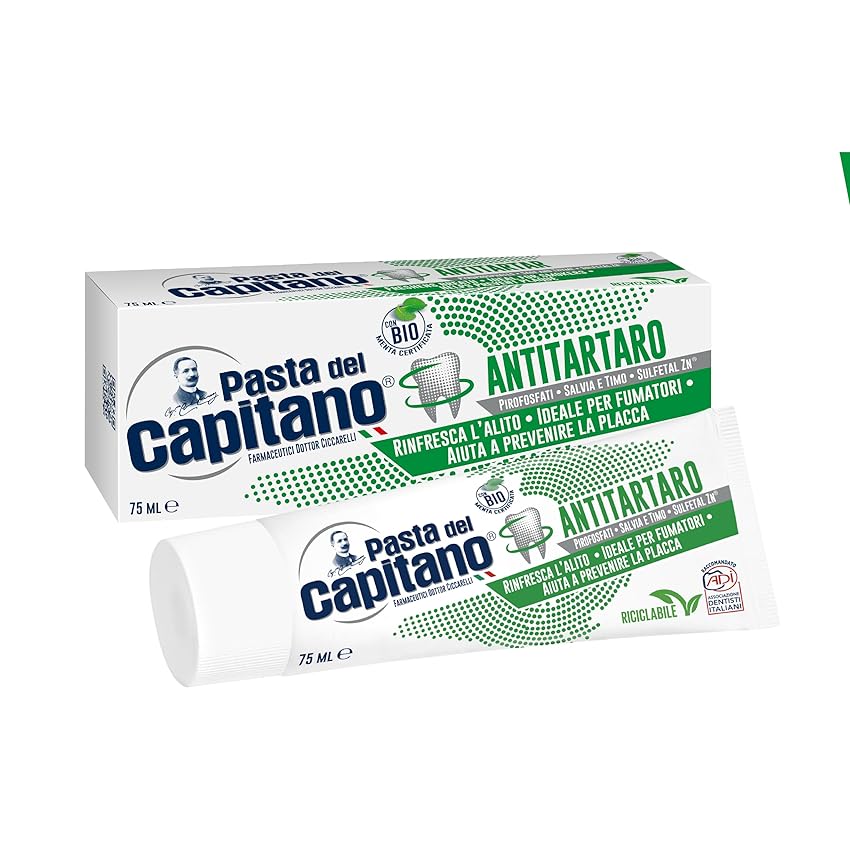 Immagine del prodotto Pasta del Capitano, Dentifricio Antitartaro Bio, Dona Freschezza e Rinfresca l'Alito, Ideale per i Fumatori, Aiuta a Prevenire la Placca, 100% Made in Italy, Tubetto da 75 ml
