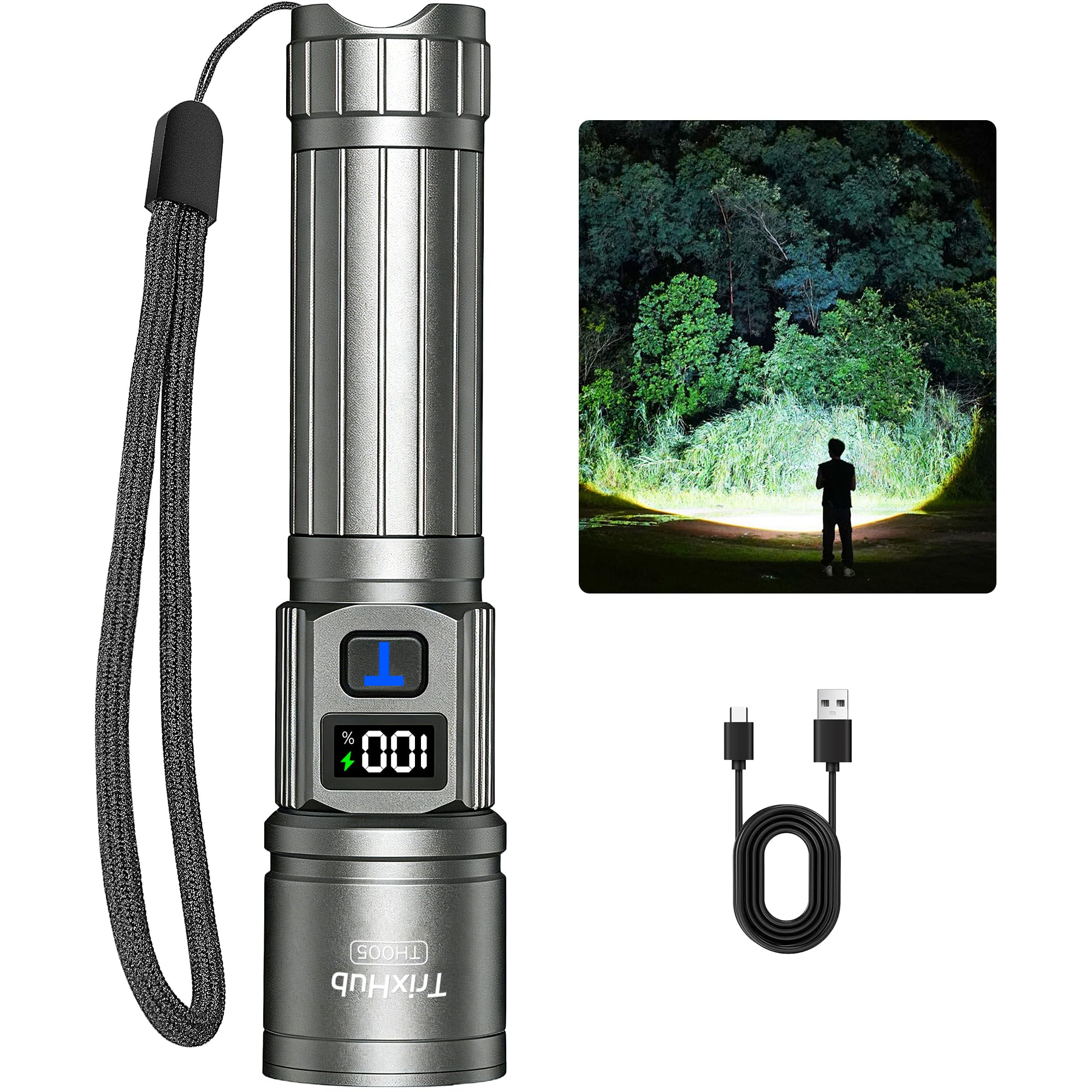 TrixHub Rechargeable Flashlight Super Bright Flashlight (Titanium) | LCD Digital Display, 5 Modes, USB C Charging, Zoomable Linternas, Powerful Handheld Flashlights for Home Emergencies Camping