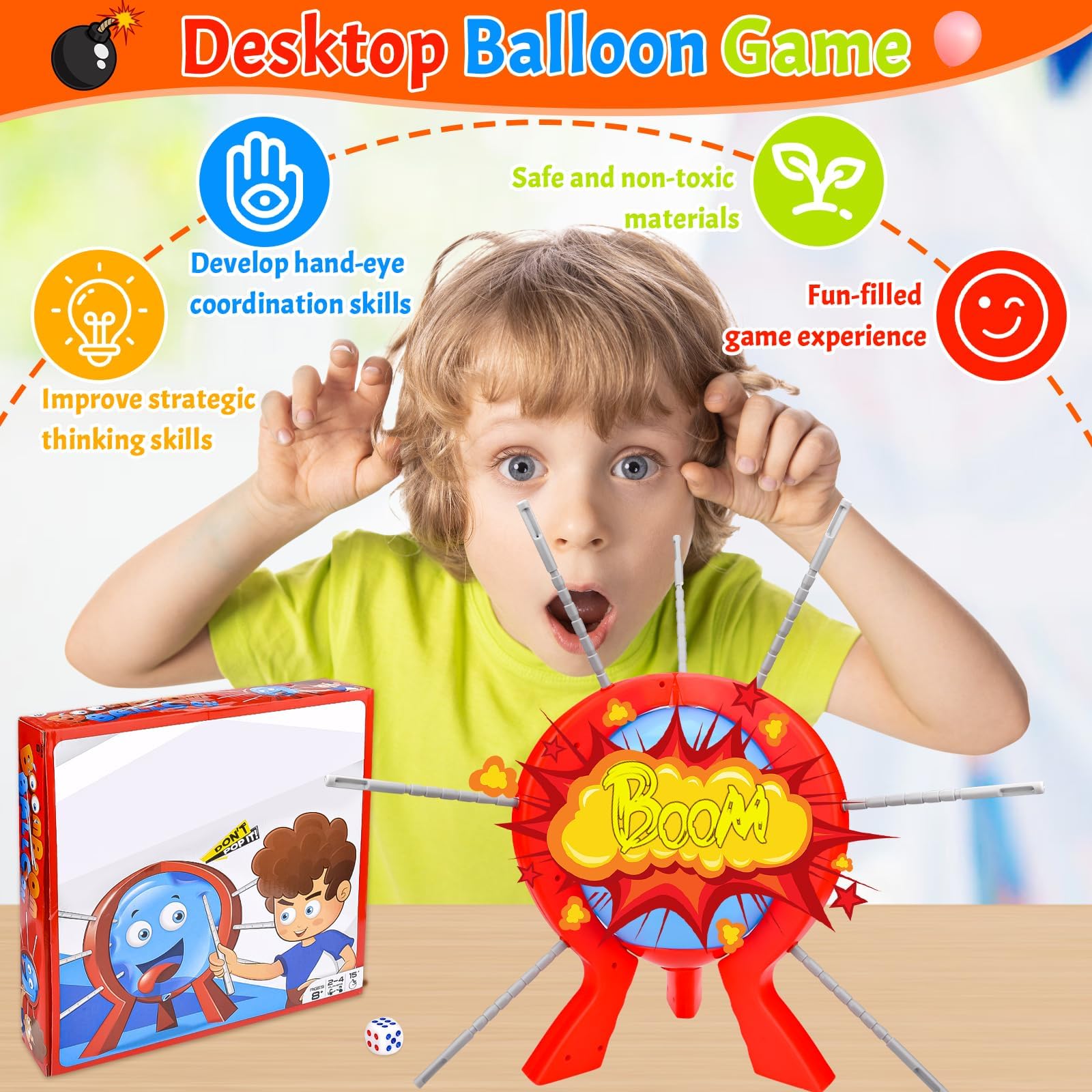 Jeu D'éclatement De Ballons Pour Table - 27x27x6 Cm, Multijoueur, Avec Dés Et Bâtons, Idéal Fêtes Famille