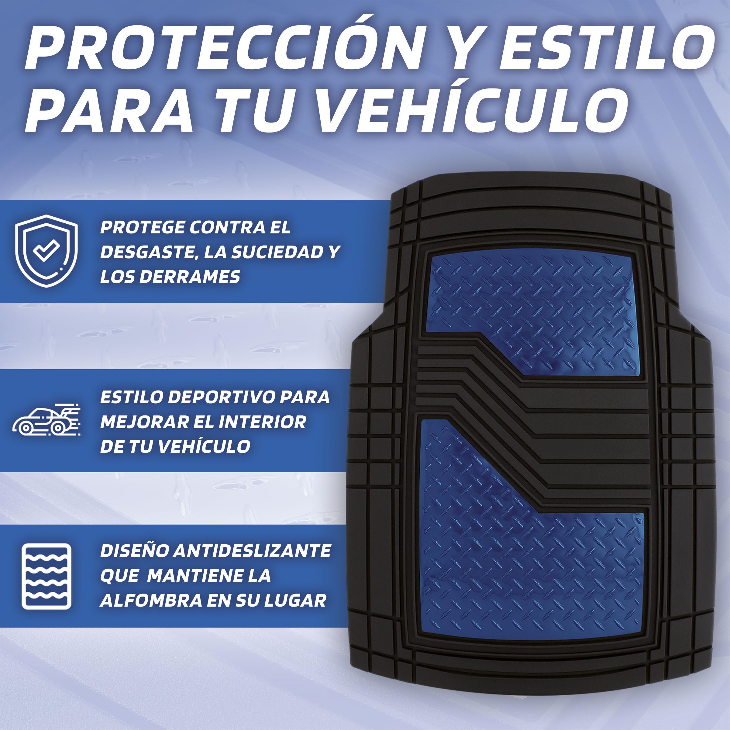 S SUMEX Alfombrillas de Goma Universales para Coche Alfombras Antideslizante Alfombrillas Automóvil Recortables Delanteras 70 x 50 cm Traseras 40 x 47,50 cm Color Azul Metalizado