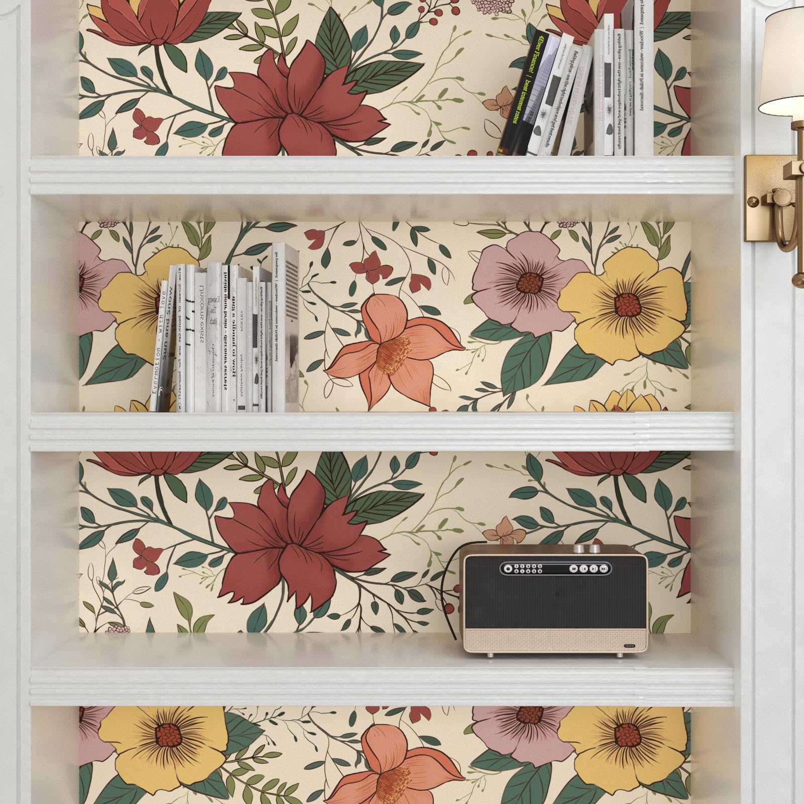 VOLEAAR 44.5CM x 1000CM Floral Peel and Stick Wallpaper - Vintage Boho Leaf Flower Design - Yellow, Pink, Red - Image 4