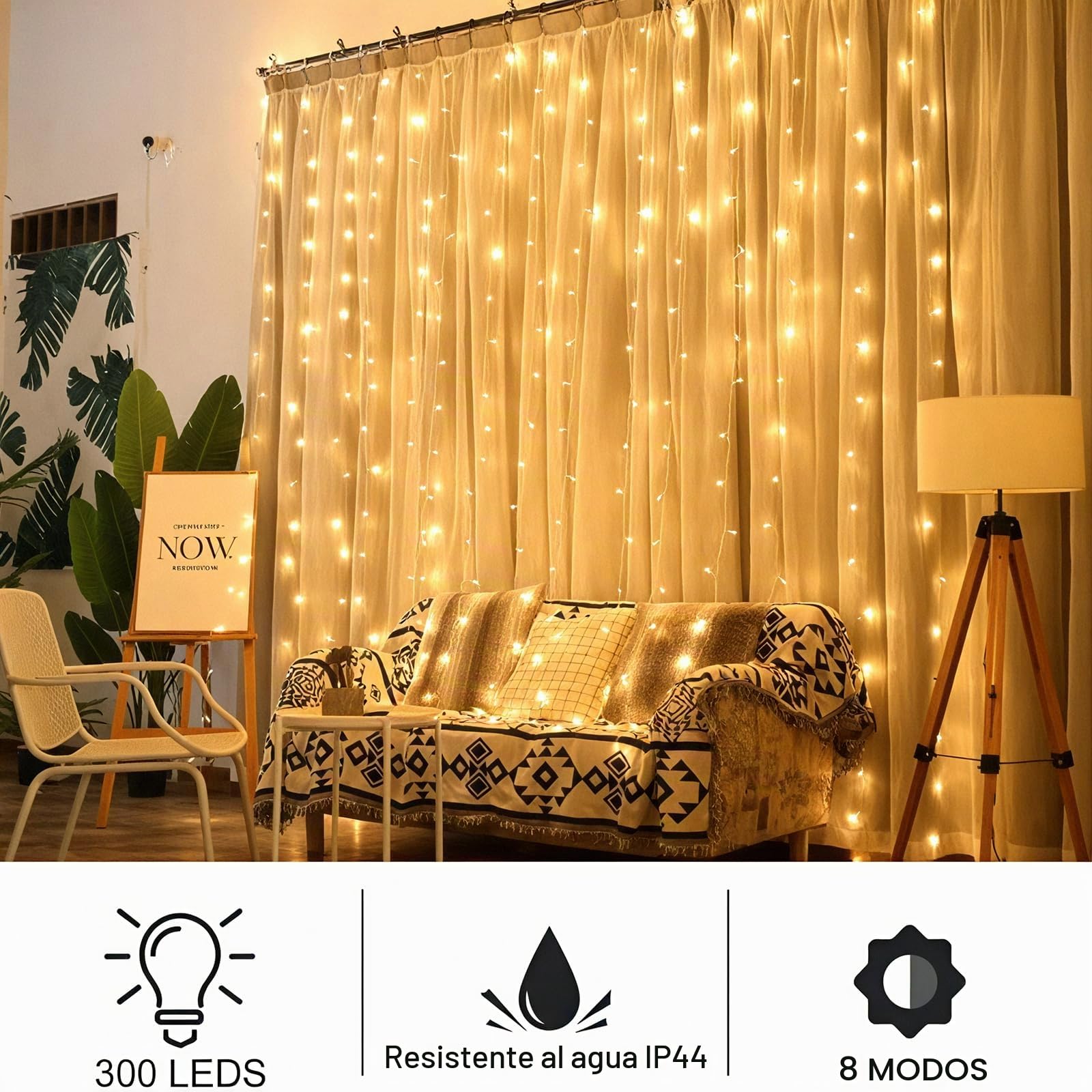Avoalre Cortina de Luces Navidad 2 * 3M 300LED Luces Navidad 8 Modos Función de Memoria y Tándem, Impermeable IP44 para Exterior Interior Ventana Escaparate Fiesta, Blanco Cálido