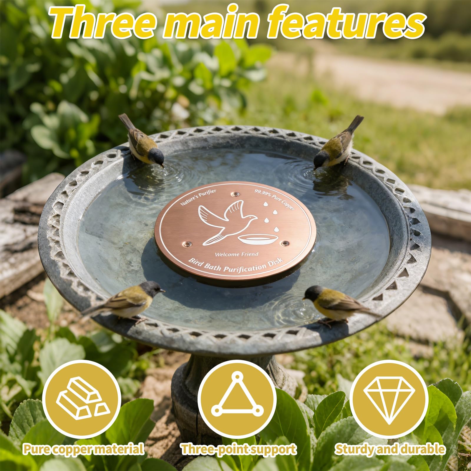 Bird Bath Copper Disk, 0.6mm 99.99% Pure Copper Self-Cleaning Purification Disk for Bird Bath Clean, Keeps Water Fresh Year-Round, Universal Fit for Outdoor Birdbaths, Bowls & Fountains - 4