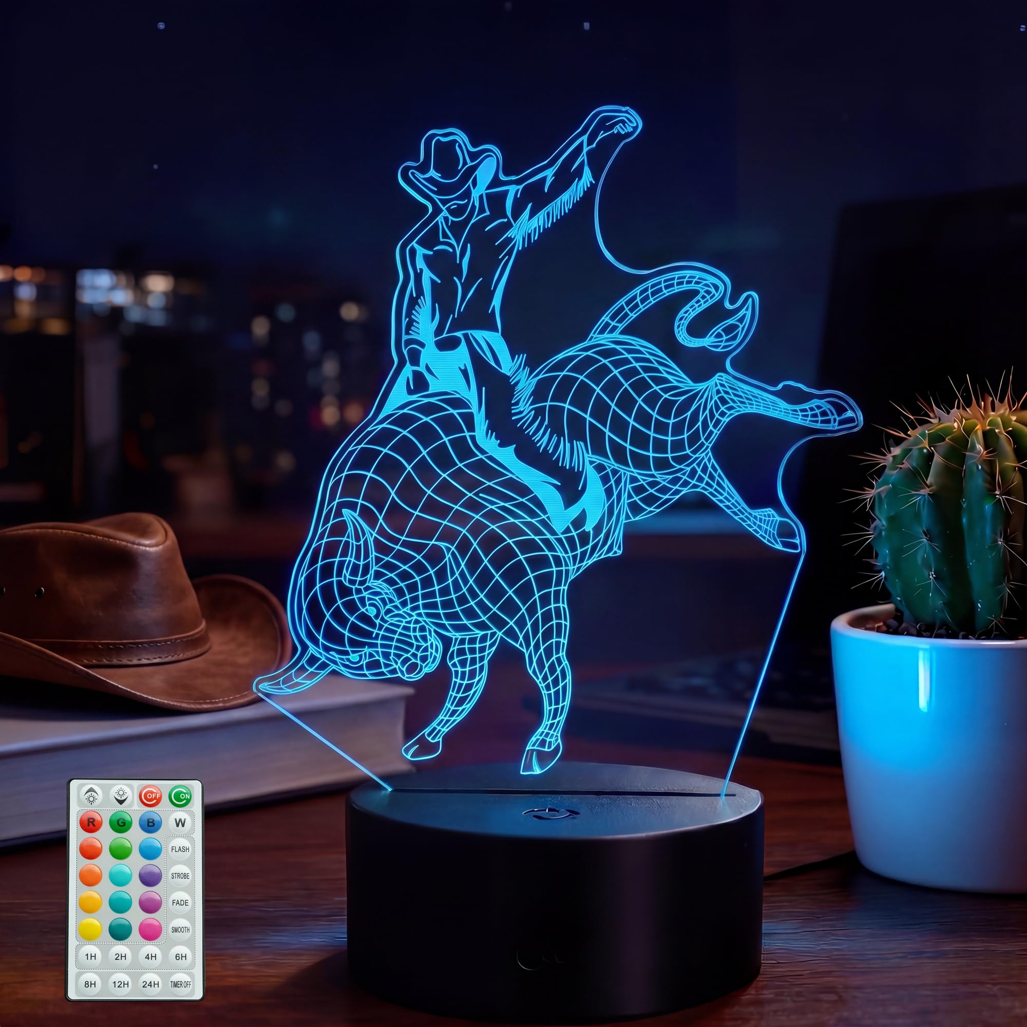16 Color Bull Rider Night Light, Rodeo Gifts for Boy, Matador 3D Night Light with Remote Control, RGB Flashing Mode and Dimmable, Gifts for Boys Christmas Decor