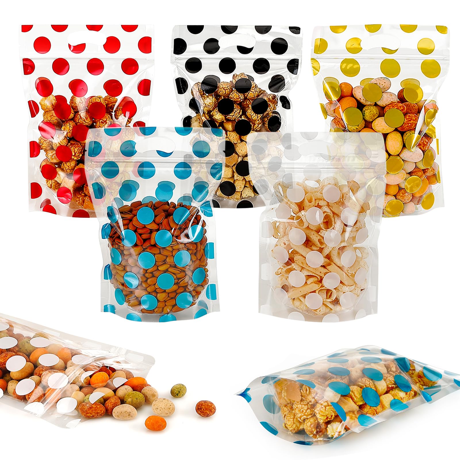 100 Pack Clear Cookie Cellophane Treat Bags, Self Sealing Red Dot Candy Cookie Bags with Seal and Handle, Resealable Food Packaging Bags for Bakery Candy Chocolate Gift Giving 6.1 x 8.8in (Green)