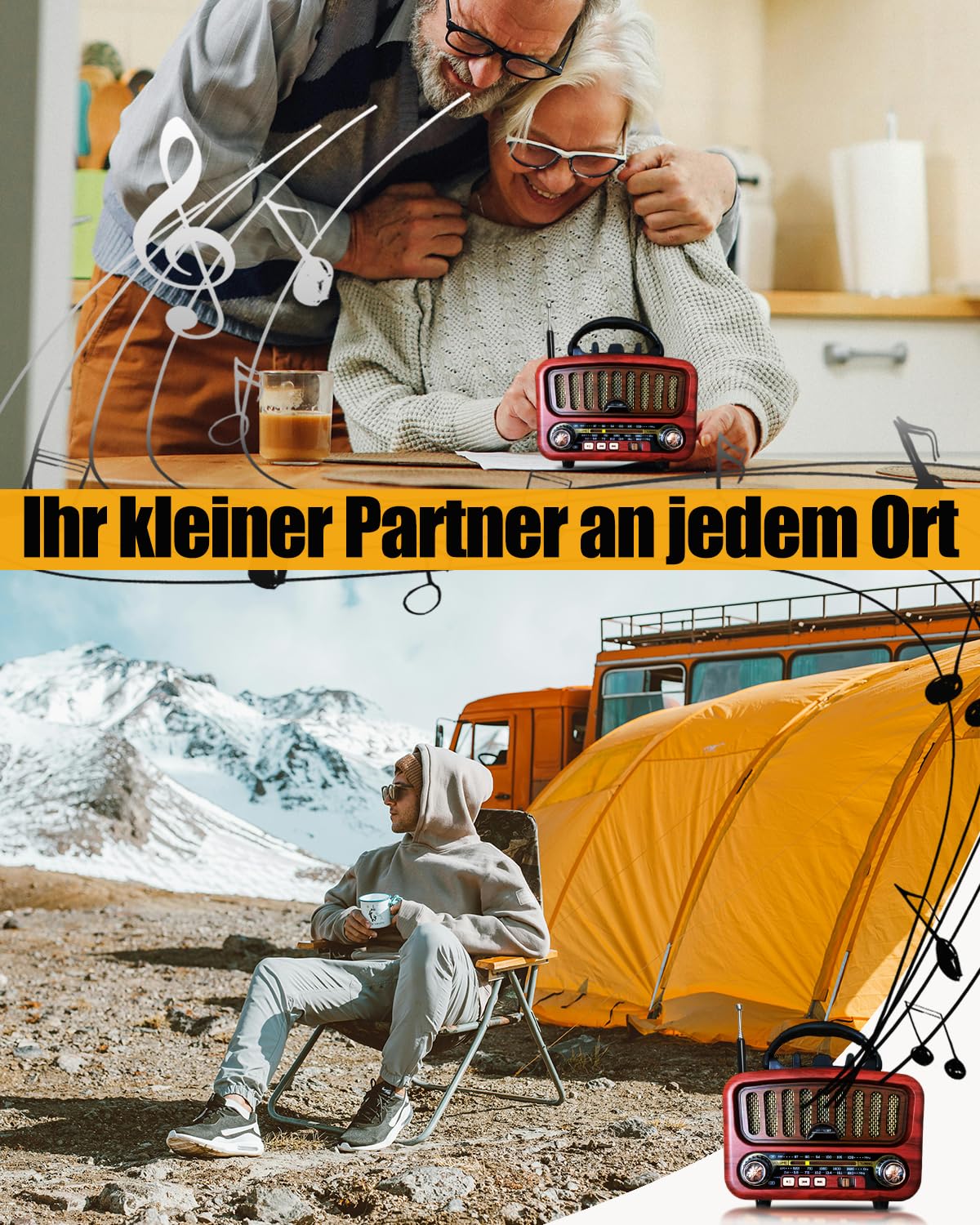 Retro Radio mit Bluetooth, AM/FM/SW Tragbares Radio Klein 5W großer Lautsprecher und Bluetooth 5.0, UKW Lautsprecher Batteriebetrieben unterstützt USB/TF/AUX Funktion (Rot)
