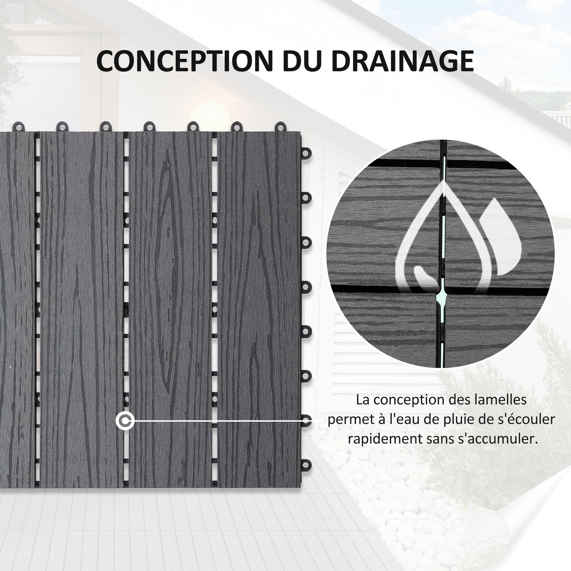 Outsunny Dalles Terrasse Caillebotis Extérieur Lot de 11 pcs 30x30cm Gris | Emboîtables, Surface Max. 1 m², Installation Très Simple