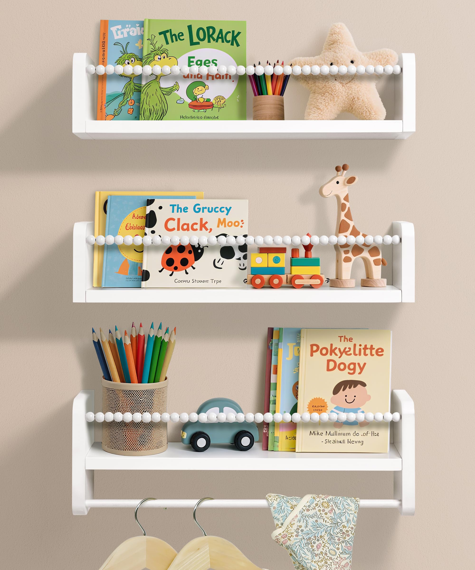 Mazjoaru Nursery Book Shelves for Wall Set of 3, White Natural Wood Bookshelf Wall Decor, Small Floating Shelf Organizer for Kids Room, Bedroom,