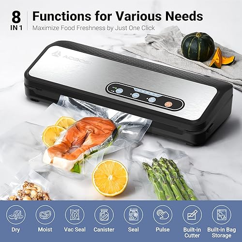 Miniatura 4 de Aobosi - Máquina selladora al vacío, potente 90 Kpa 8 en 1 para alimentos secoshúmedos, cortador integrado y almacenamiento de bolsas, rollo de