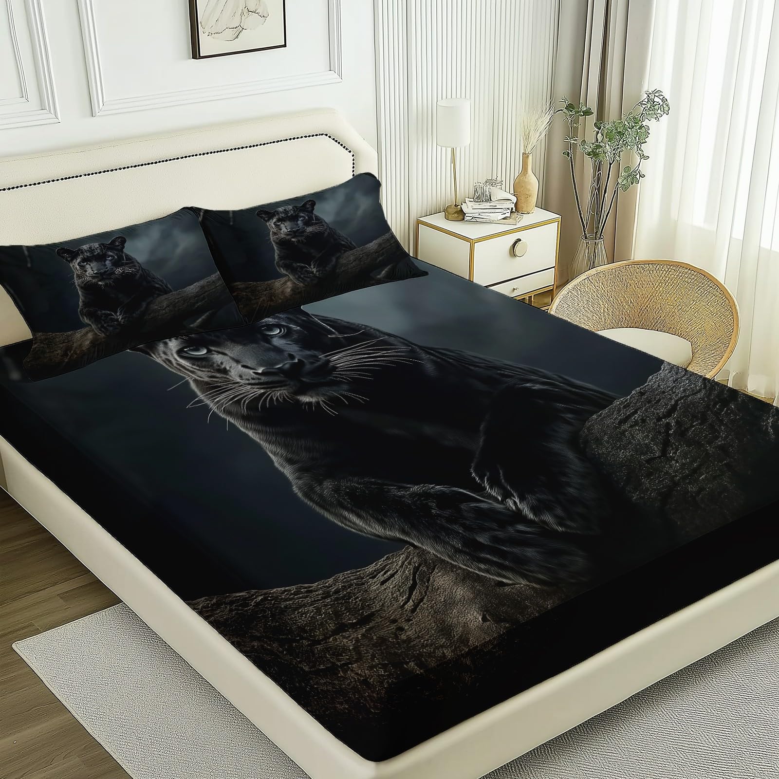 Lenzuolo con Angoli 160 x 200 cm - Locandina del Film Leopardo Animale della Giungla Morbida in Microfibra Spazzolata Lenzuolo con Angoli Nero per Bambini Adolescenti Adulti biancheria da letto