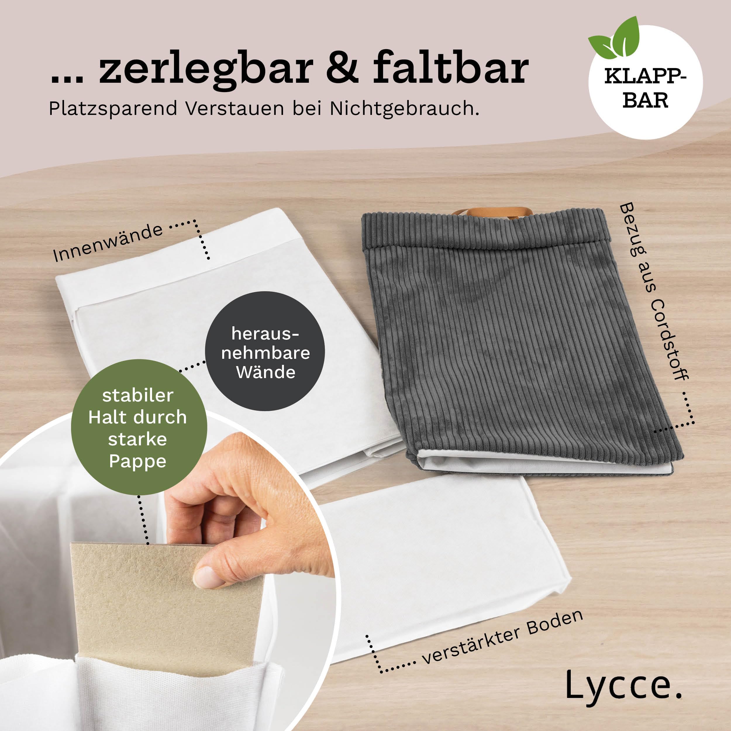 Lycce Wäschekorb Cord – Nischenwäschekorb, waschbar, faltbar (d.grau) | platzsparend & praktisch, waschbare Bezüge, faltbar, Schlafzimmer, Kinderzimmer & Badezimmer