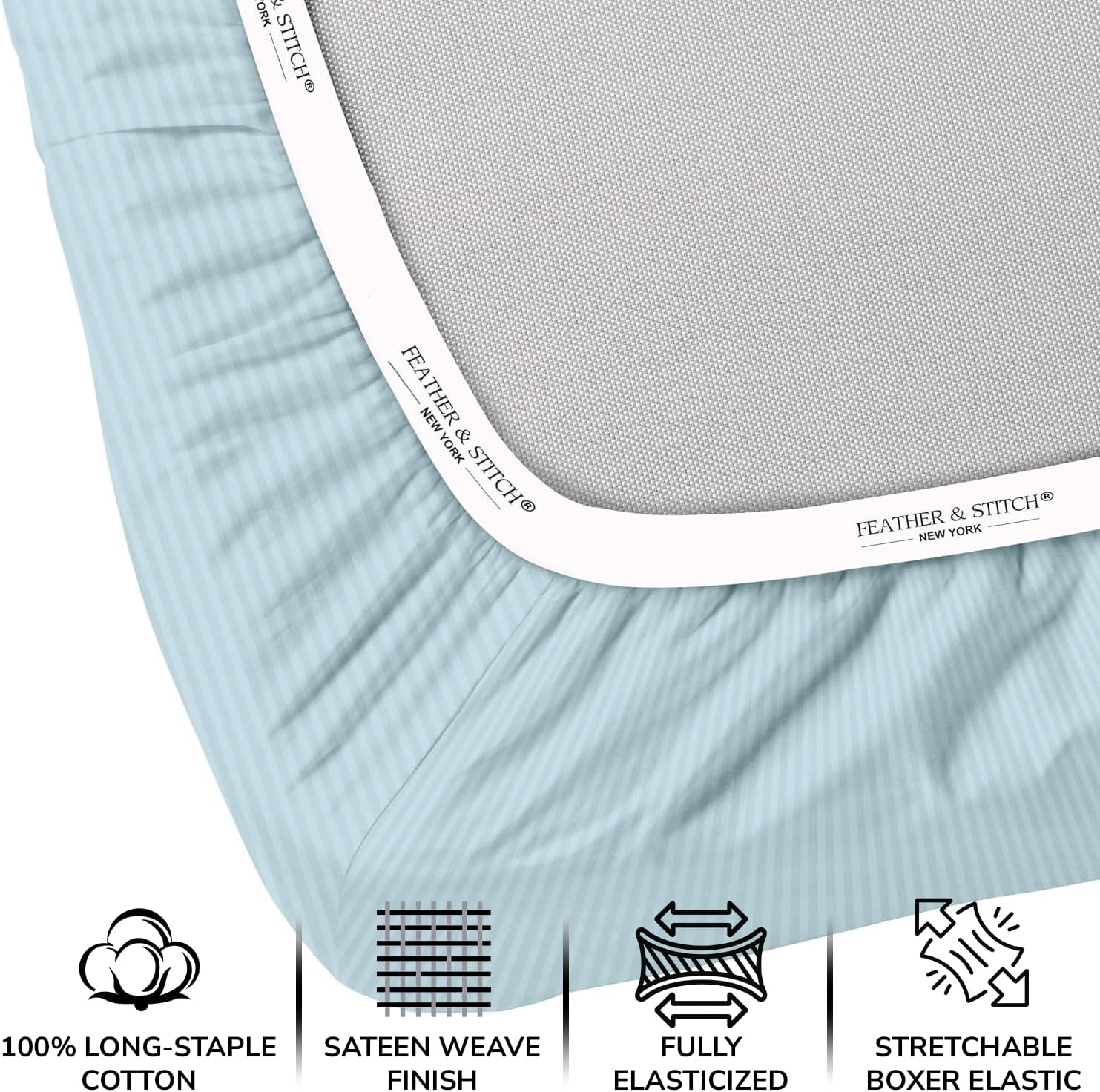 Feather & Stitch 500 TC Split King Size Sheet Set, 5 Piece Bed Sheets Set-2 Twin Fitted Sheet, 1 King Flat Sheet & 2 King Pillowcases, 18" Deep Pockets Sateen Weave Striped Bedsheet - (Aqua Stripe)