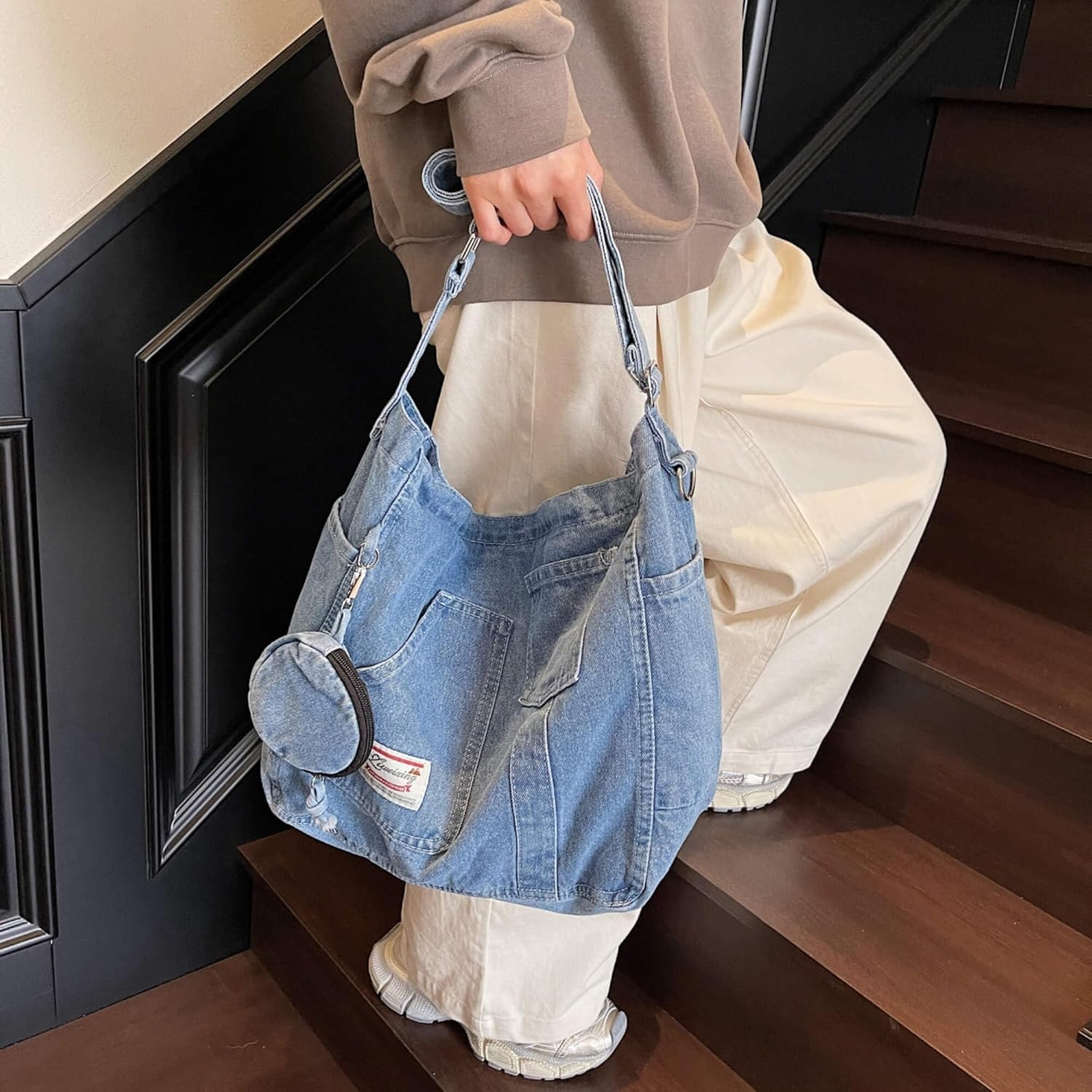 Adjustable Denim Crossbody Bag with Coin Pouch, Multi-Pocket Shoulder Purse for Women, Travel Daily Commuting Canvas Tote