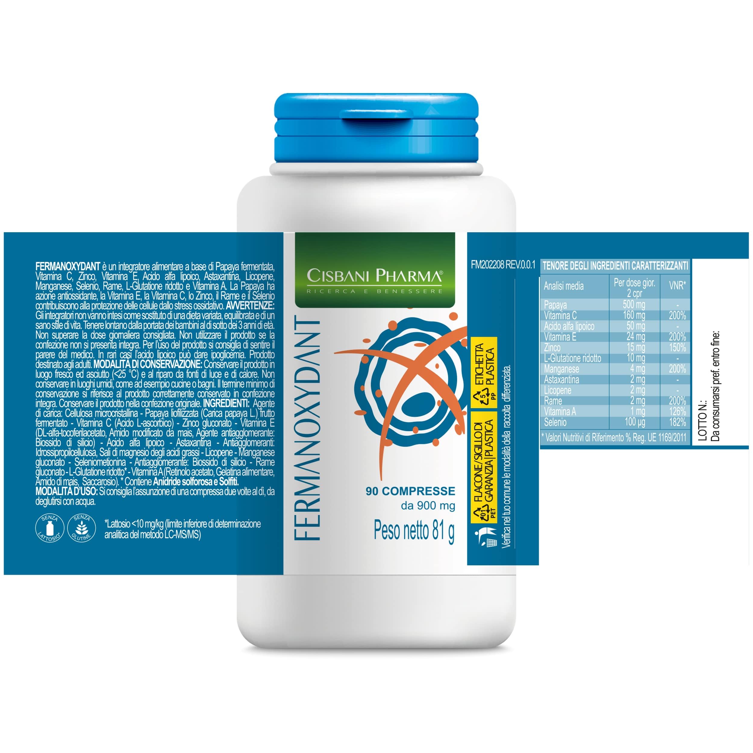 CISBANI PHARMA Fermanoxydant Antiossidante a base di Papaya fermentata 90 cpr con Acido alfa lipoico, Glutatione forte e Astaxantina, Contrasta l’invecchiamento cellulare e regola lo stress ossidativo