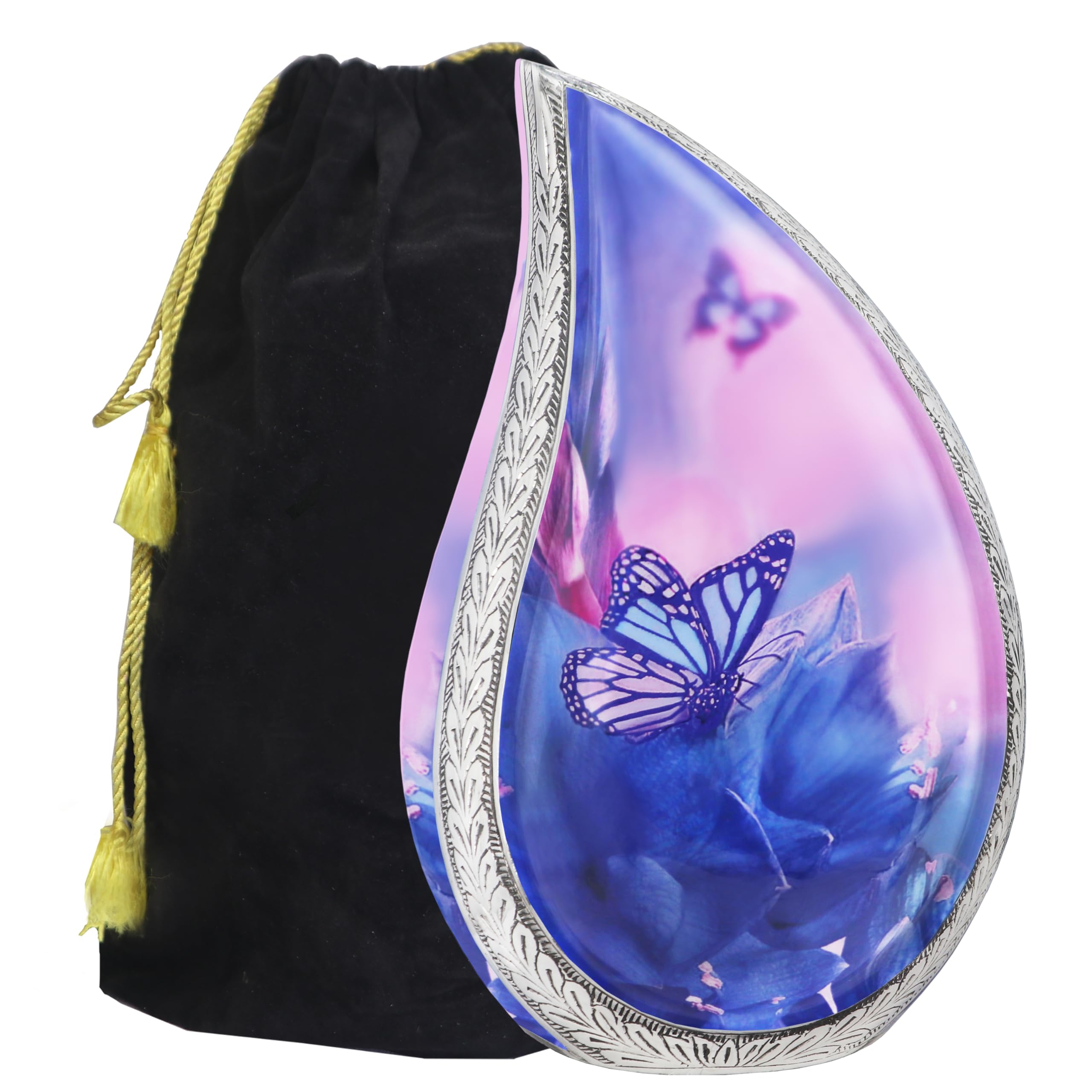 M MEILINXU Cremation Urns for Human Ashes Adult Female & Male, Funeral Urn for Ashes for Women & Man, Blue Butterflies Decorative Teardrop, Flowers and Butterfly Urn - Large Tear Drop