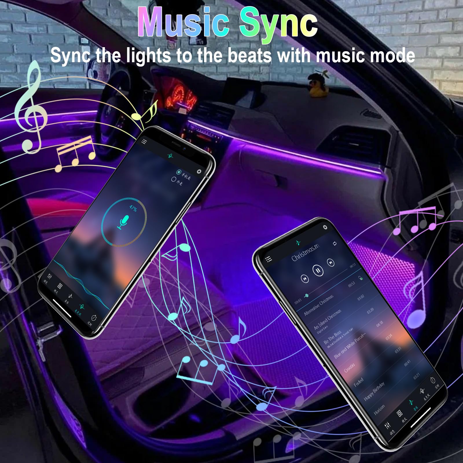 Car Interior Lights, 5V LED Strip Lights with USB Adapter, Ambient Car Lighting Kit, App & Remote Control Music Sync Color Change Strip Lights for SUVs & Trucks, Car Accessories for Women Men