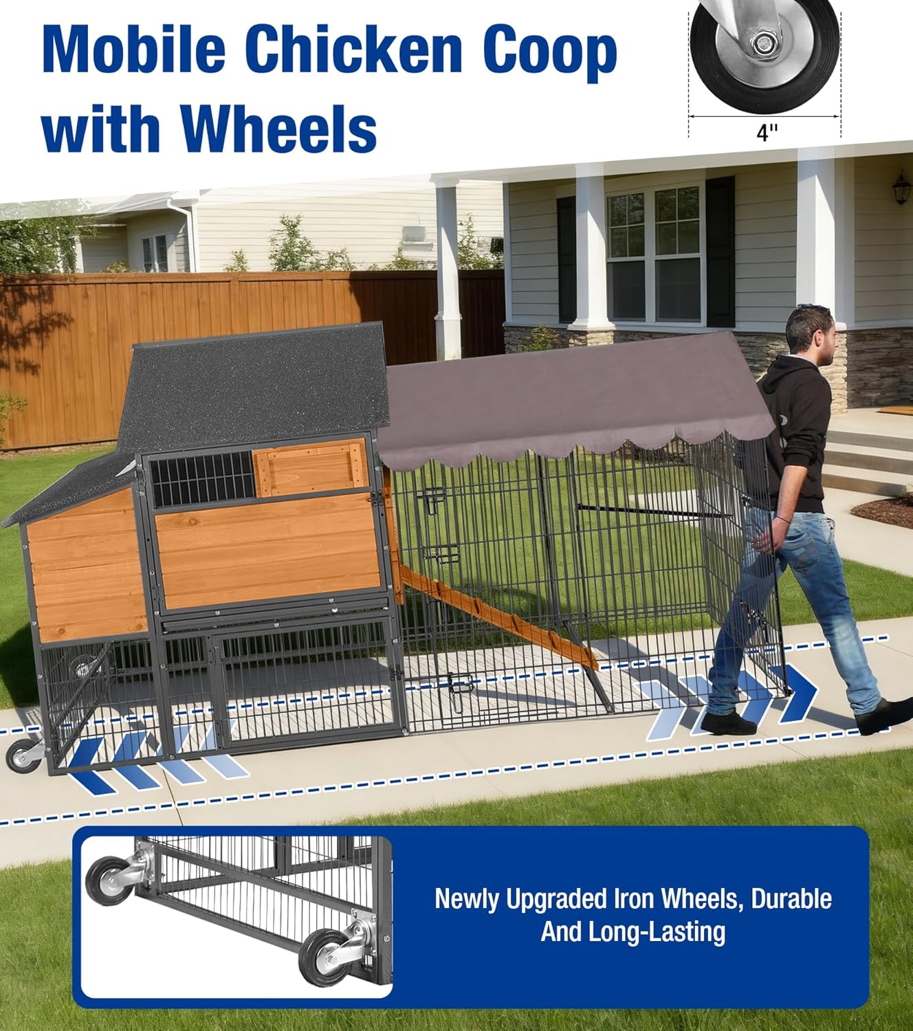 Large Chicken Coop with Wheels, Upgraded with All-Arounded Iron Frame Chicken Tractor, Poultry Chicken House with Large Run, Waterproof Roof, Expandable Nesting Box, 85" L for 5-7 Chickens