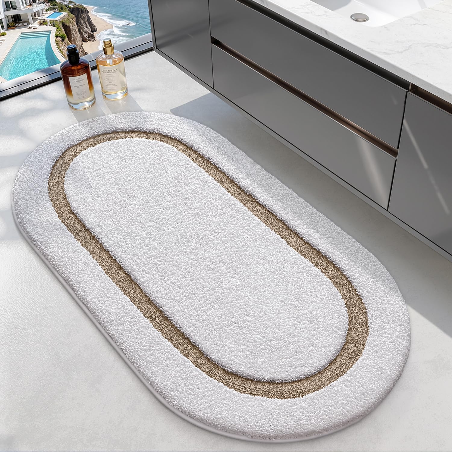 LUMI Bath Mat Oval Bathroom Rug, 24"x36" Non Slip Washable Bathroom Mats, Premium Water Absorbent Shower Rug for Accessories Decor, White and Khaki