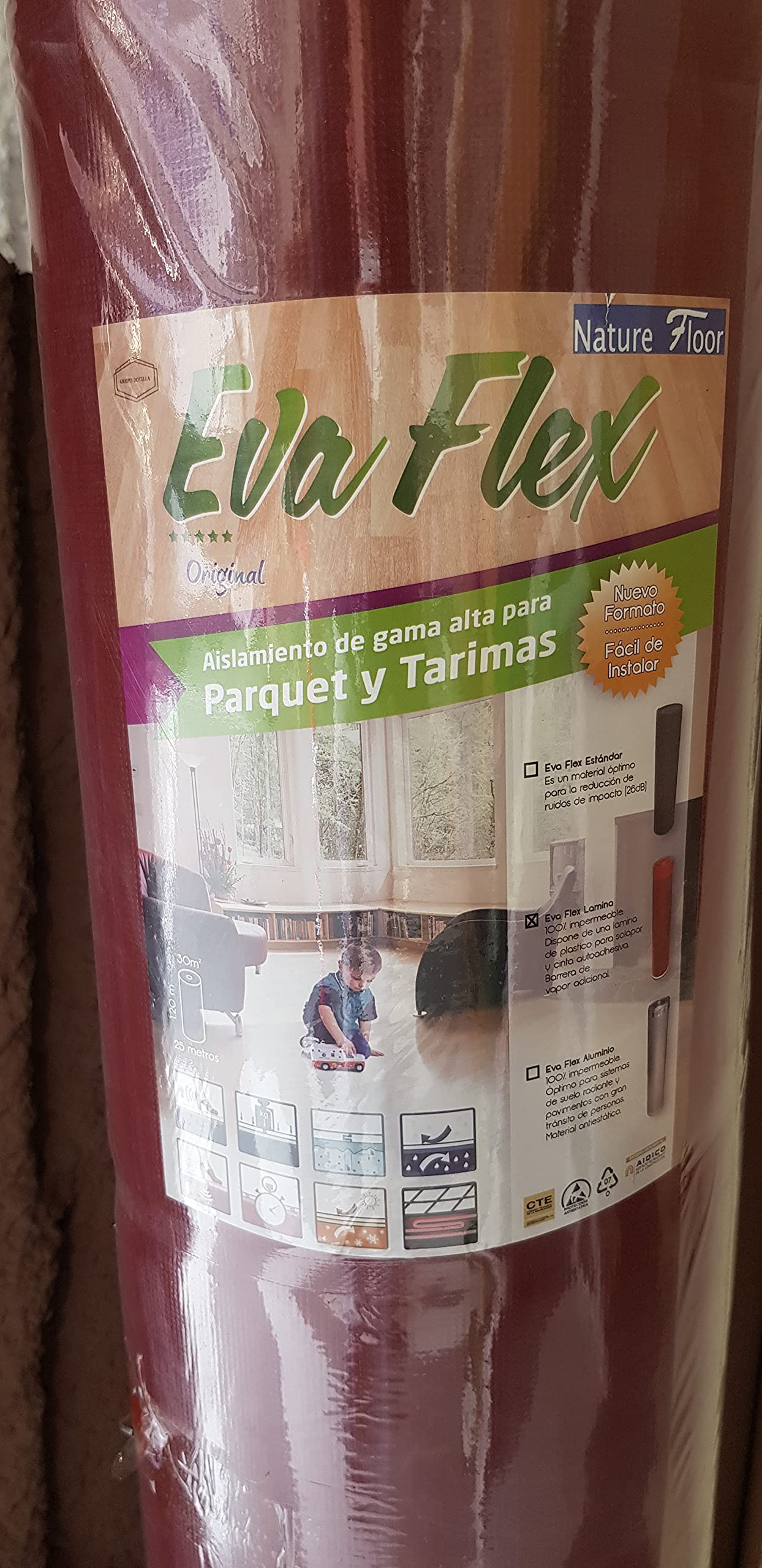 90m2 Base aislante Eva Flex acústica 2mm con lámina (3 rollos de 30m2)