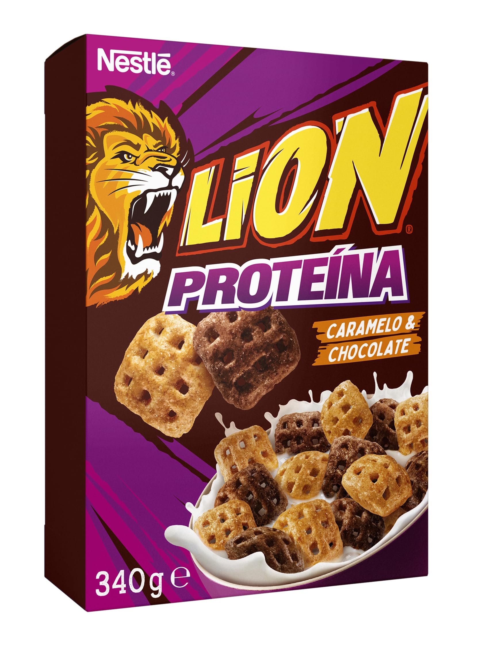 Cereales Nestlé Lion Proteína, Cereales integrales con chocolate y caramelo, 7 estuches de 340g