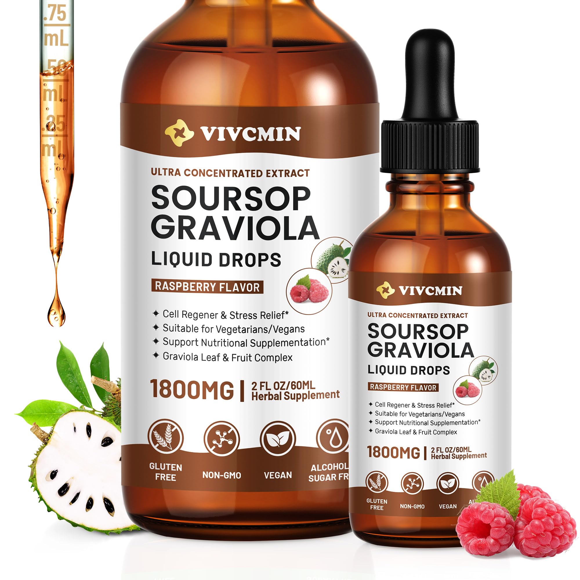 Graviola Soursop Leaf Extract Liquid - Soursop Bitters Liquid, Support Immune, Relax, Liver and Sleep, Sugar & Alcohol-Free, Highly Absorbable Formula, Raspberry Flavor, 2 Fl Oz