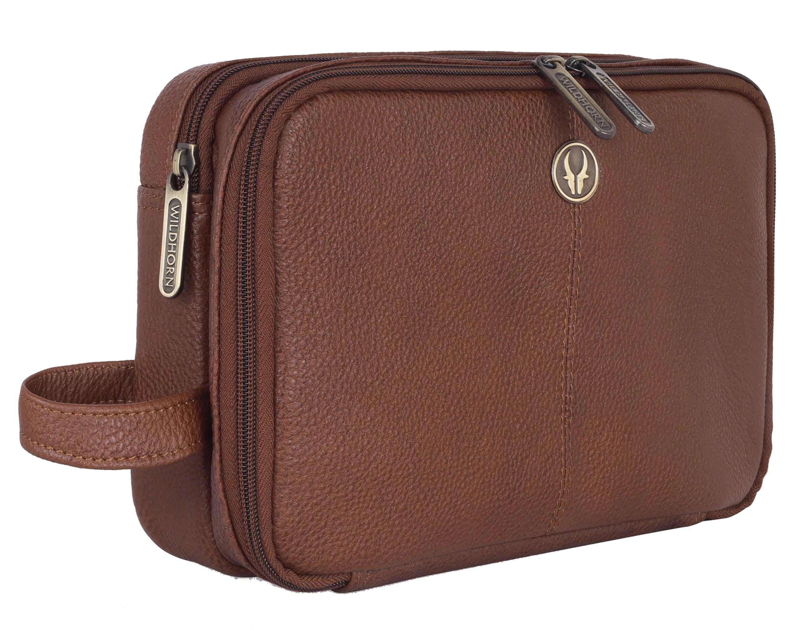 WildHorn Leather Toiletry Bag For Men & Women, Dopp Kit For Travel Large Toiletry Kit. Toiletries Organizer (Walnut), 6 CM, Brown