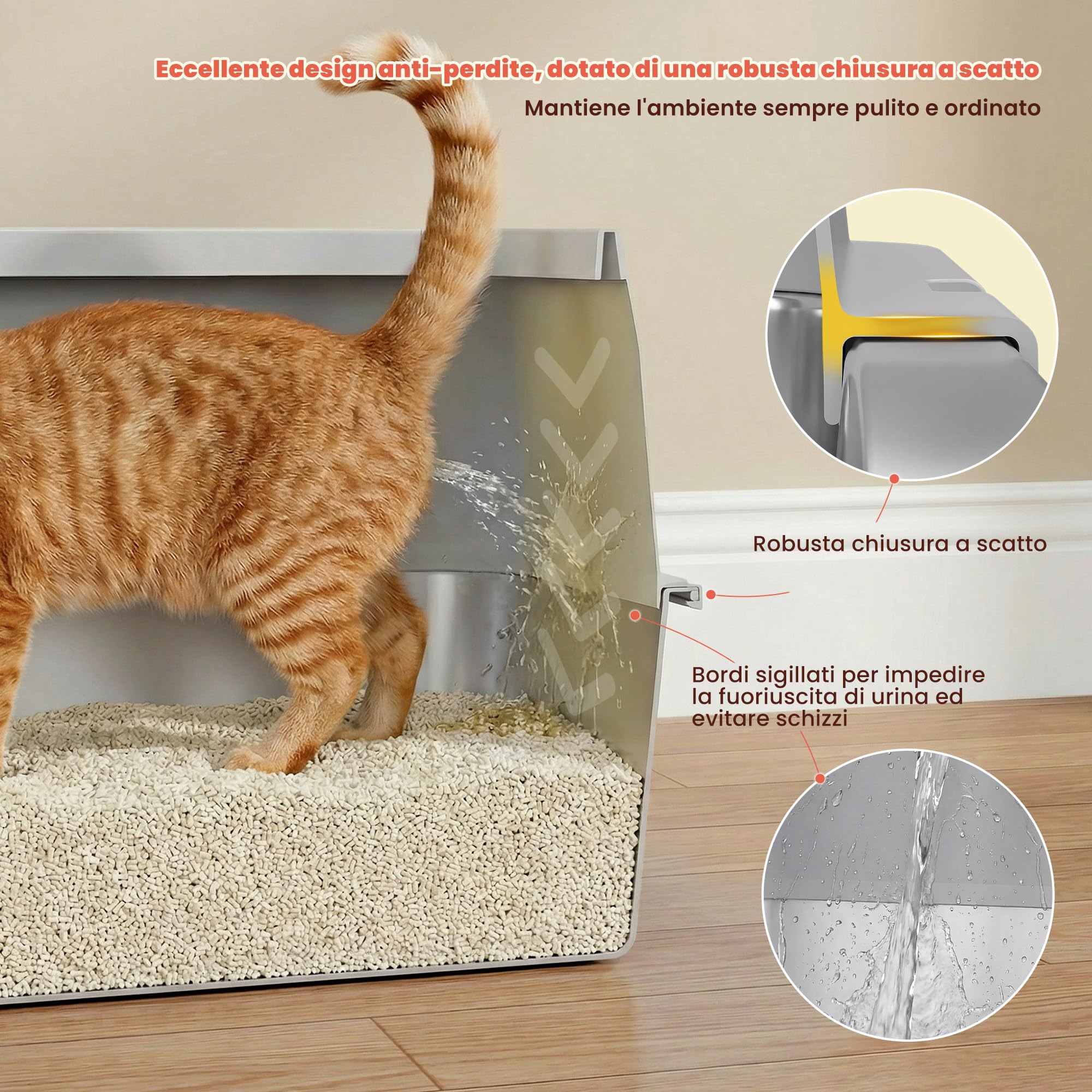 XL Lettiera Gatto Acciaio Inox – Lettiera Gatto Aperta con Bordi Alti & Ingresso Basso, per Gatti Grandi senza Coperchio, Antigocce & Antifuga con Chiusura a Scatto, con Griglia