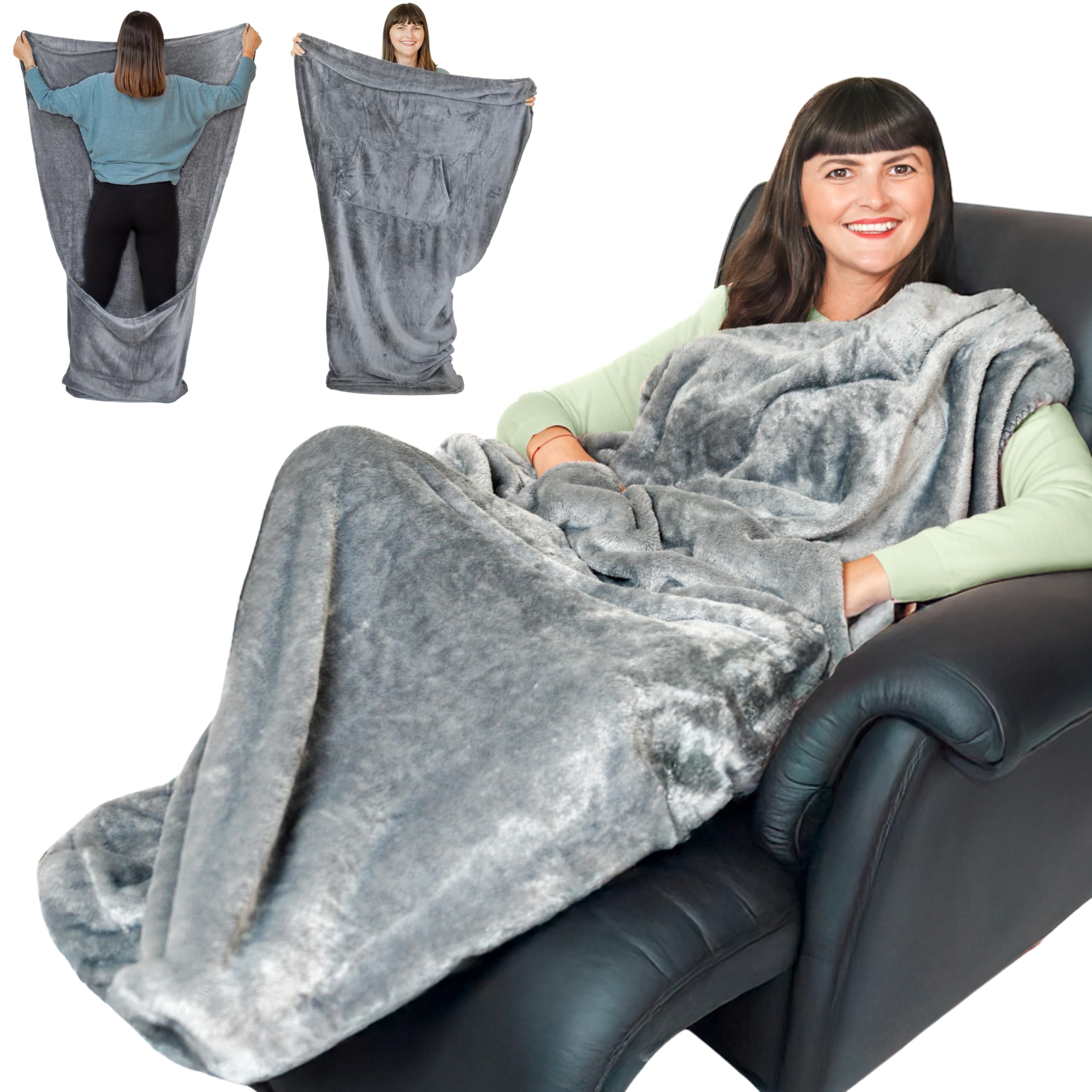 Fleece Lightweight Foot Pocket Blanket -Patent Pending- Gamer Gift for Men Who Have Everything -Father's Day Premium Gifts for Dad Who Wants Nothing and Elderly Dads (Fleece, Silver Grey)
