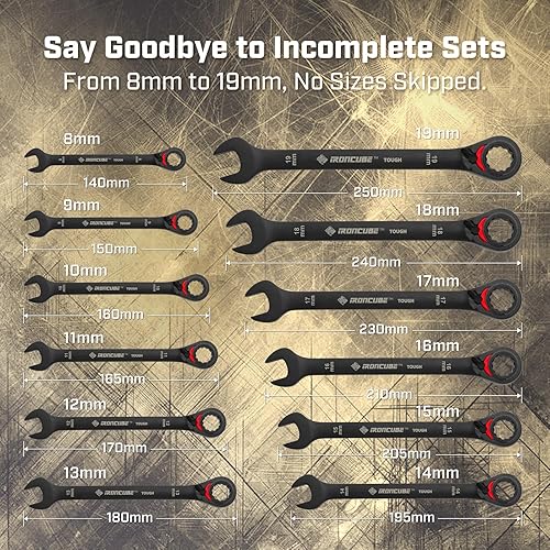 Miniatura 5 de Juego de llaves de trinquete reversibles 12 piezas métricas 0.315-0.748 in - negro resistente - Bolsa de almacenamiento de lona de cera -