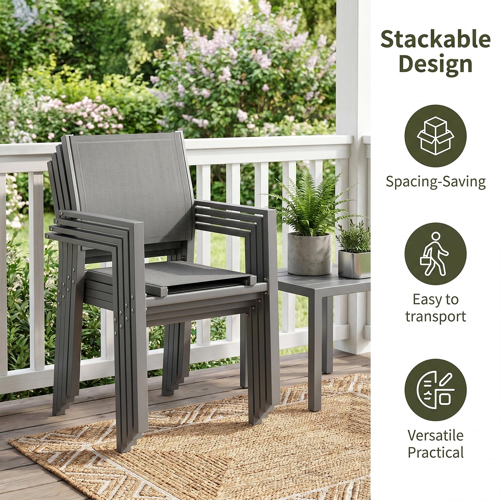 LIFERUN Juego de 6 sillas de jardín apilables Teslin y Estructura de Metal, sillas de balcón, sillas de Comedor para Exteriores, para terraza, jardín, Piscina, hasta 120 kg, Gris, 6 pcs | Teslin - Silla de jardín con estructura de metal (120 kg, transpira