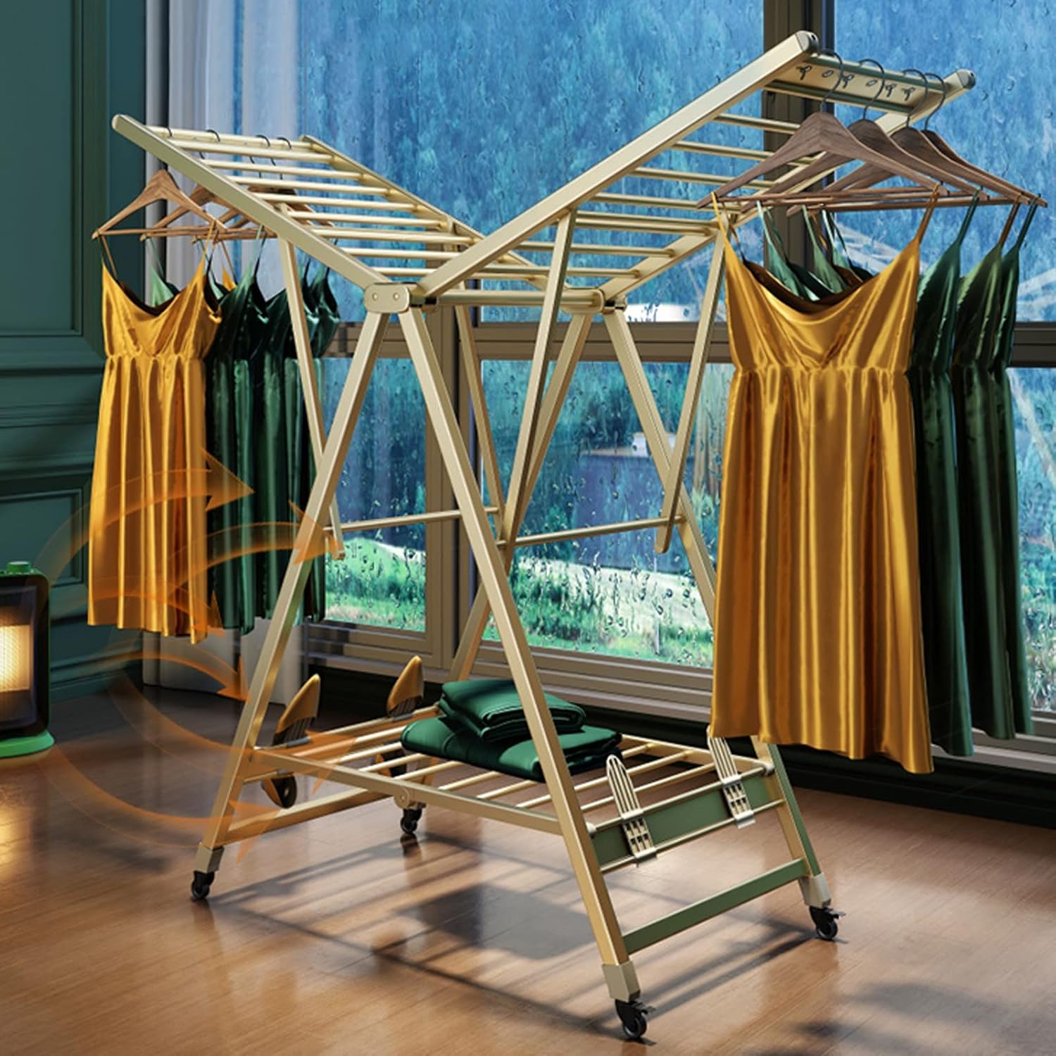 Foldable Clothes Drying Rack - Aluminum Alloy Indoor/Outdoor Double-Layer Airer, Space-Saving Floor-to-Ceiling Drying Rack for Quilts & Garments, Portable & Durable Gold Finish