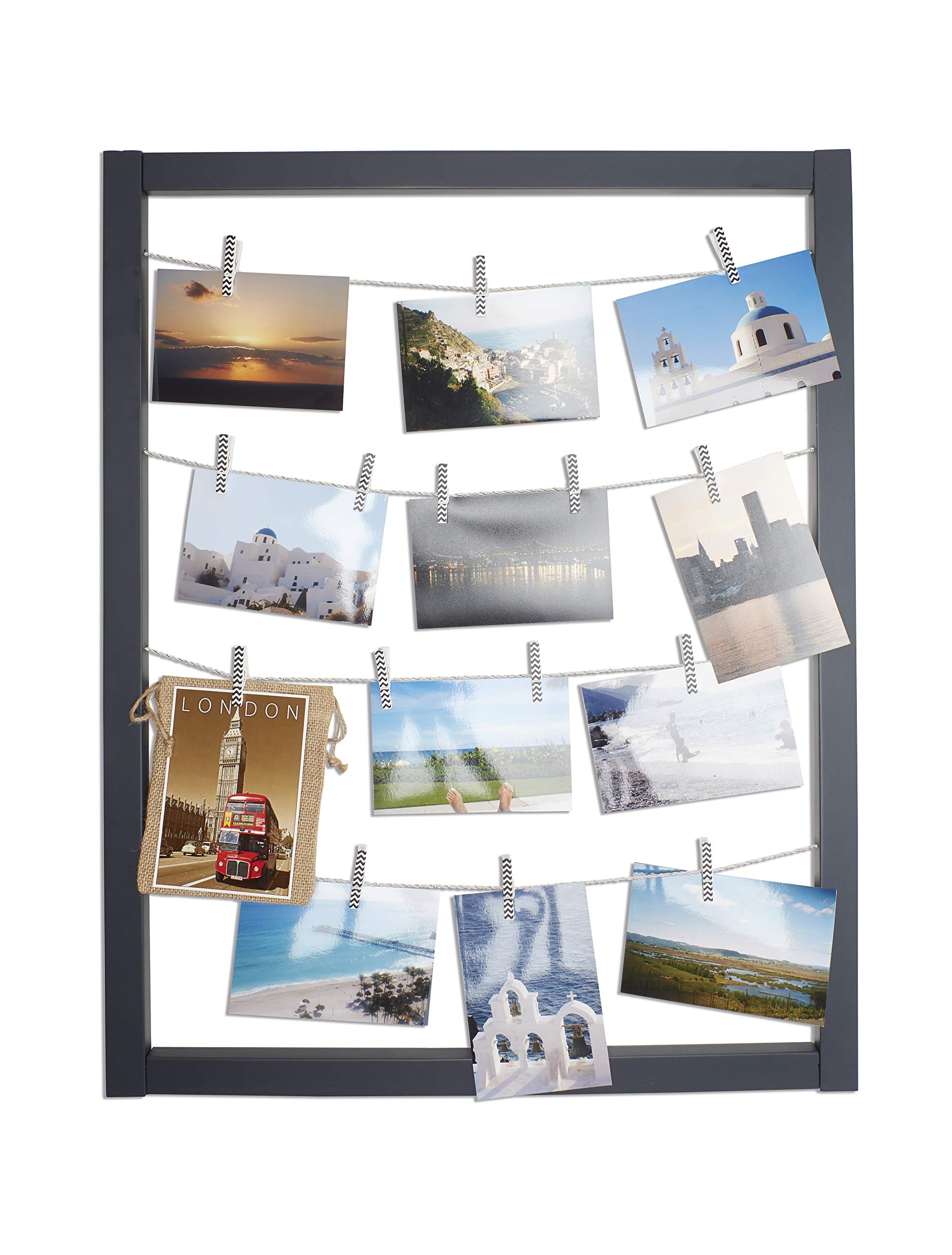 Reimagine Hanging Photo Display- Wood Wall Picture Frame Collage Board for Hanging Prints, Instax, Holiday Cards, Artwork- Display 2 Ways- Adjustable String, Chevron Clothespin Clips- Gunmetal Grey